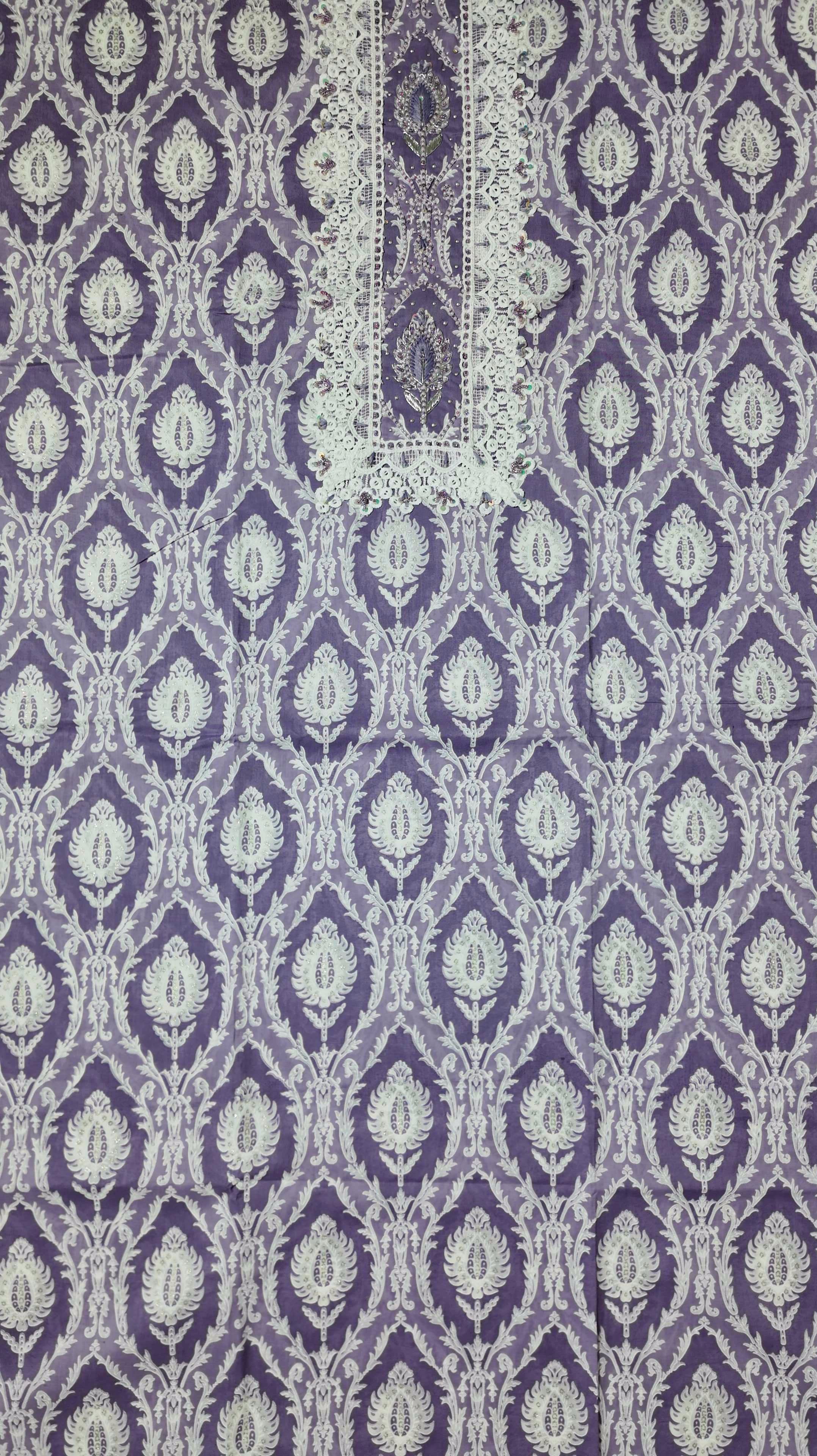 Artisan Lavender Elegance: Intricate Lace Unstitched Suit
