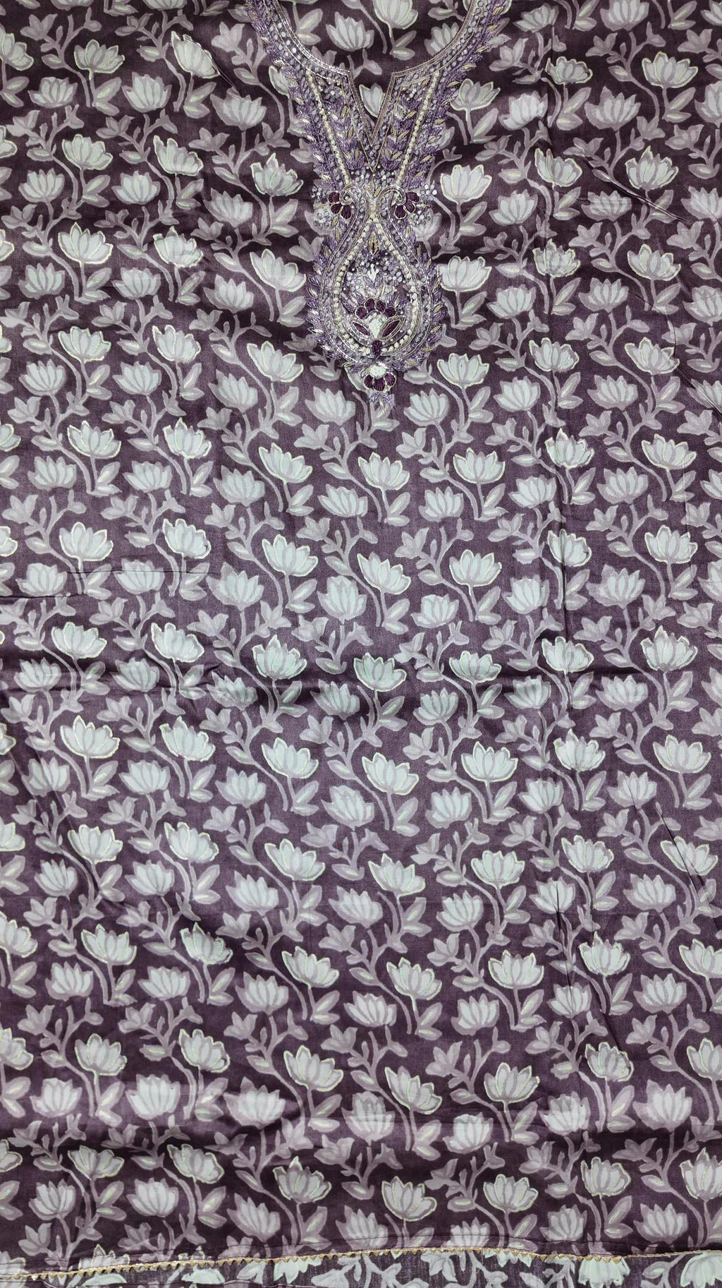 Lavender Blossom Charm: Embroidered Unstitched Suit Delight