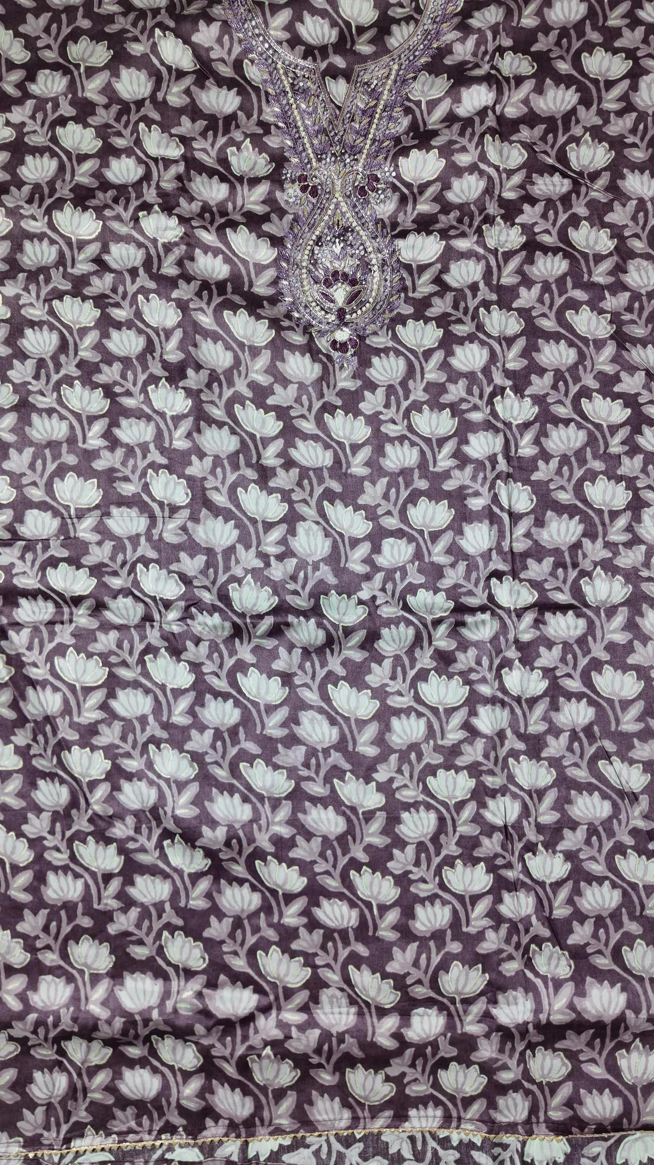 Lavender Blossom Charm: Embroidered Unstitched Suit Delight