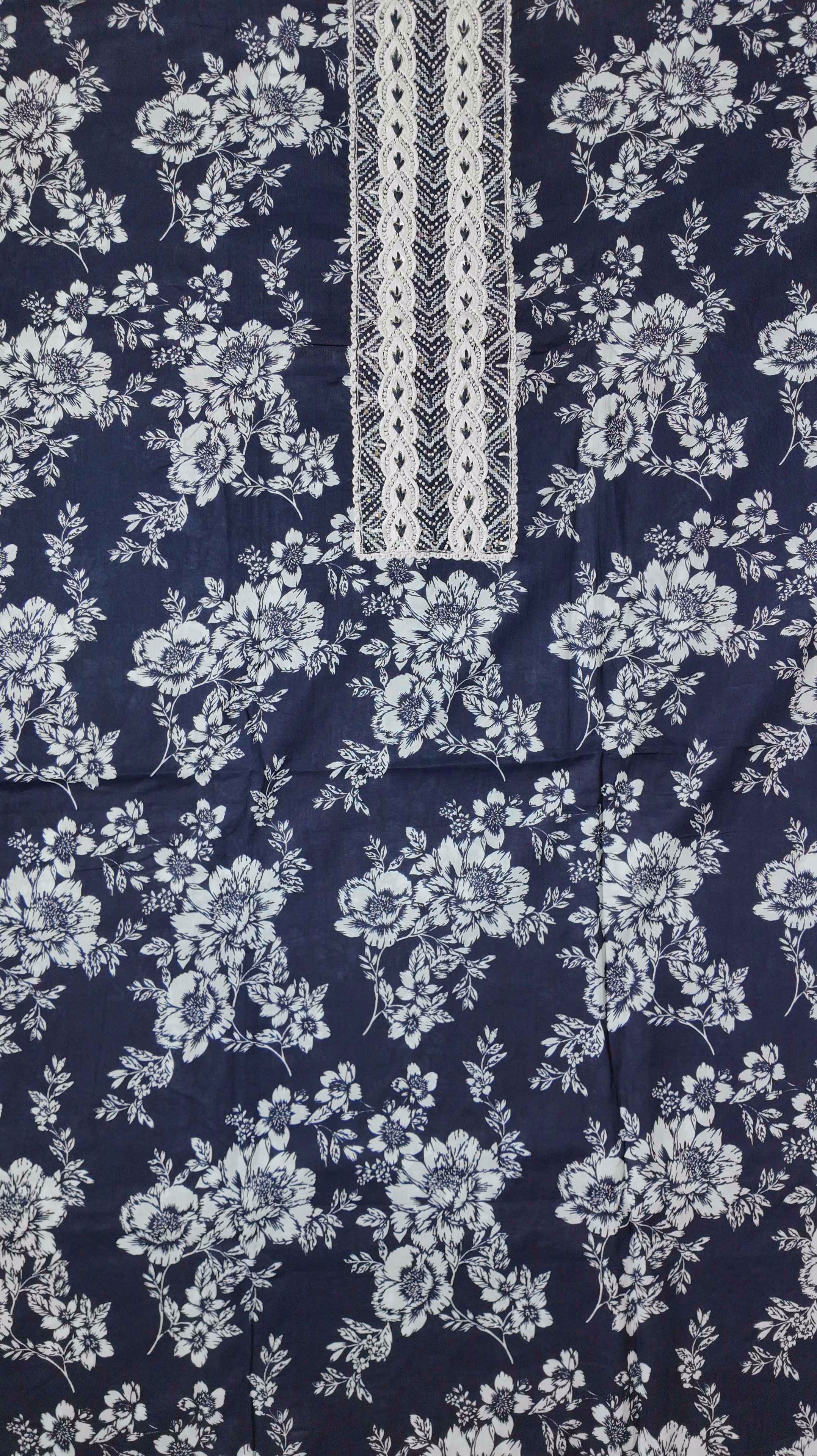 Floral Nightfall: Unstitched Suit with Intricate Lace Detail