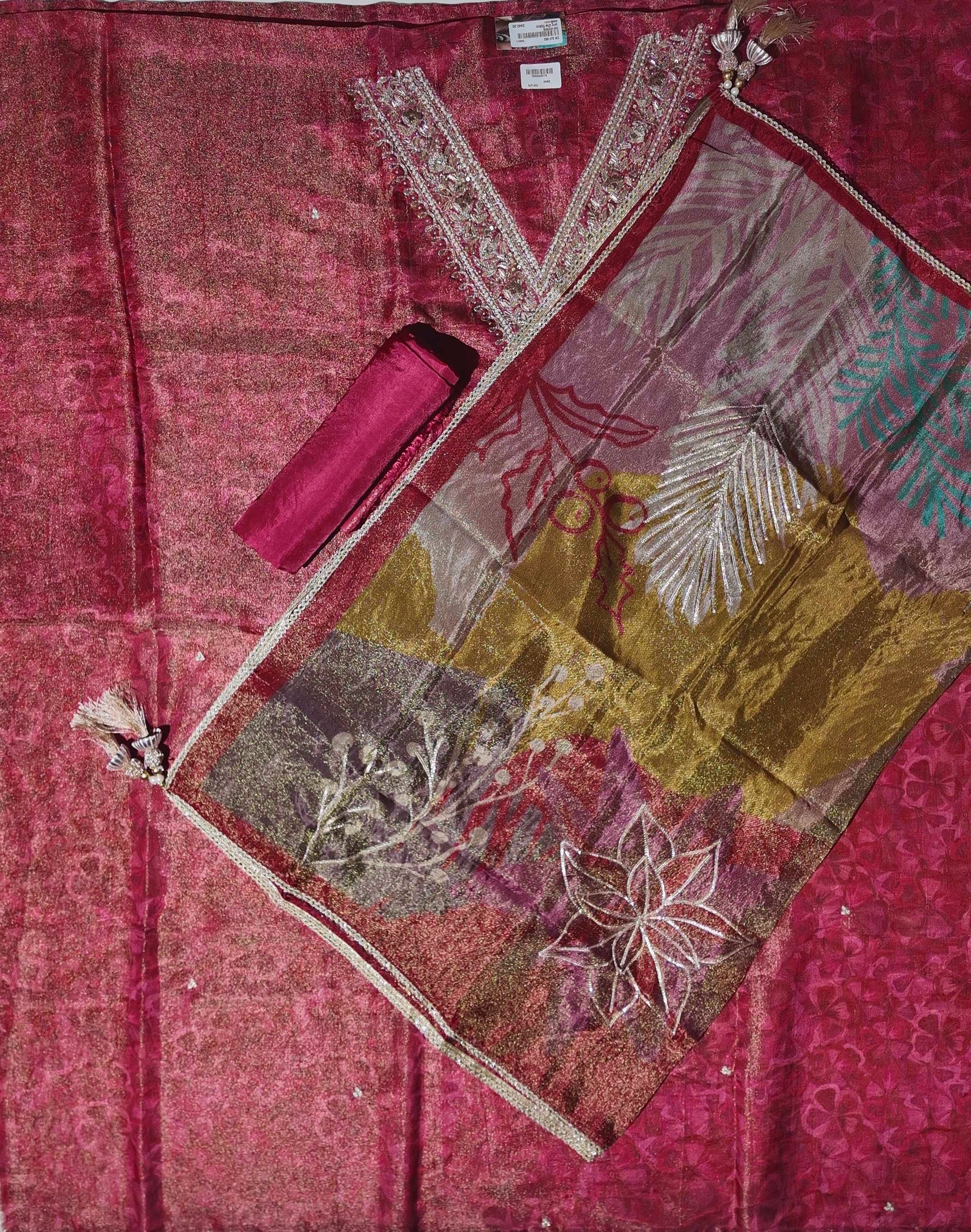 Festive Fuchsia Glamour Unstitched Suit with Intricate Embroidery",