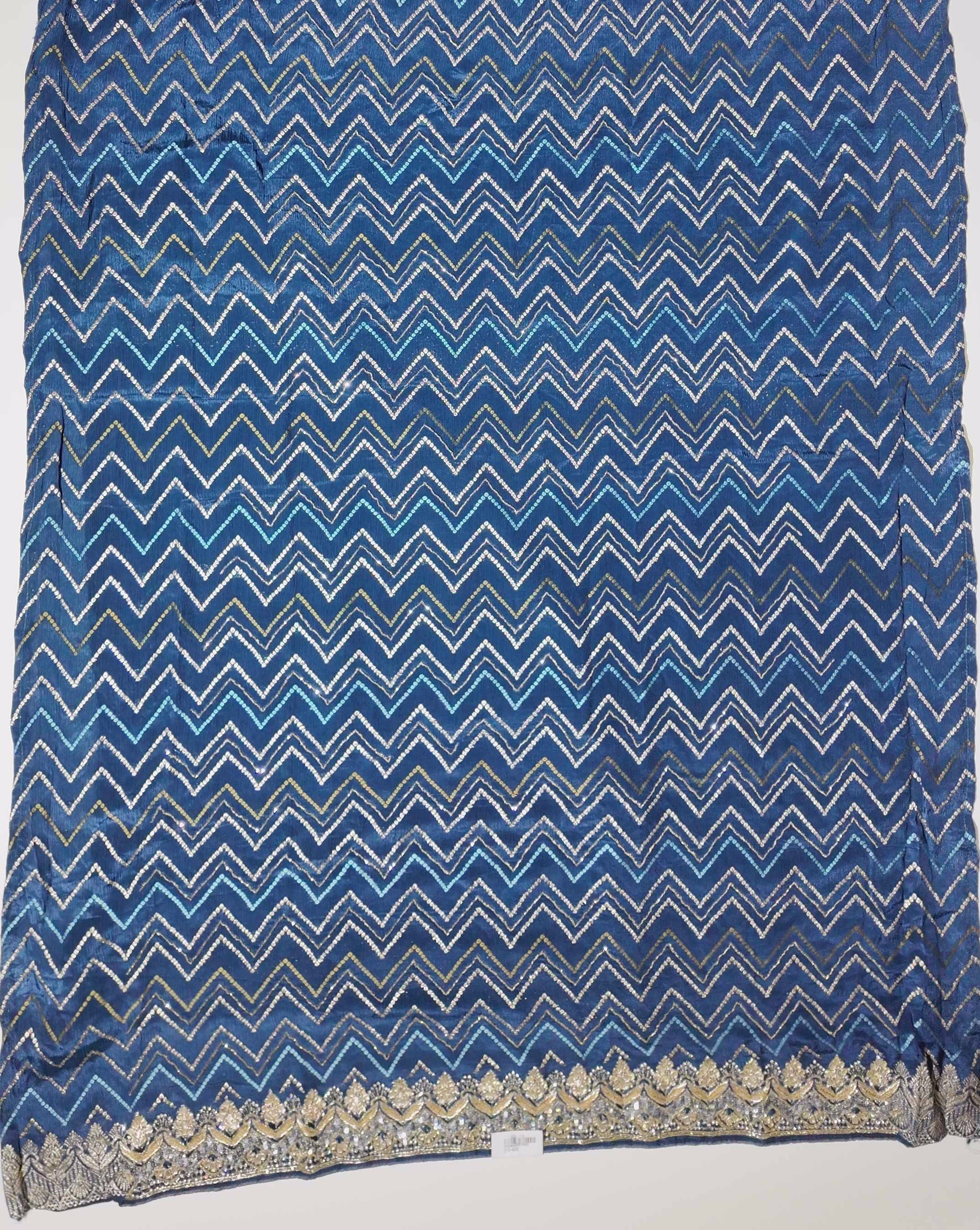 Gleaming Navy Unstitched Suit with Chevron & Floral Accents",