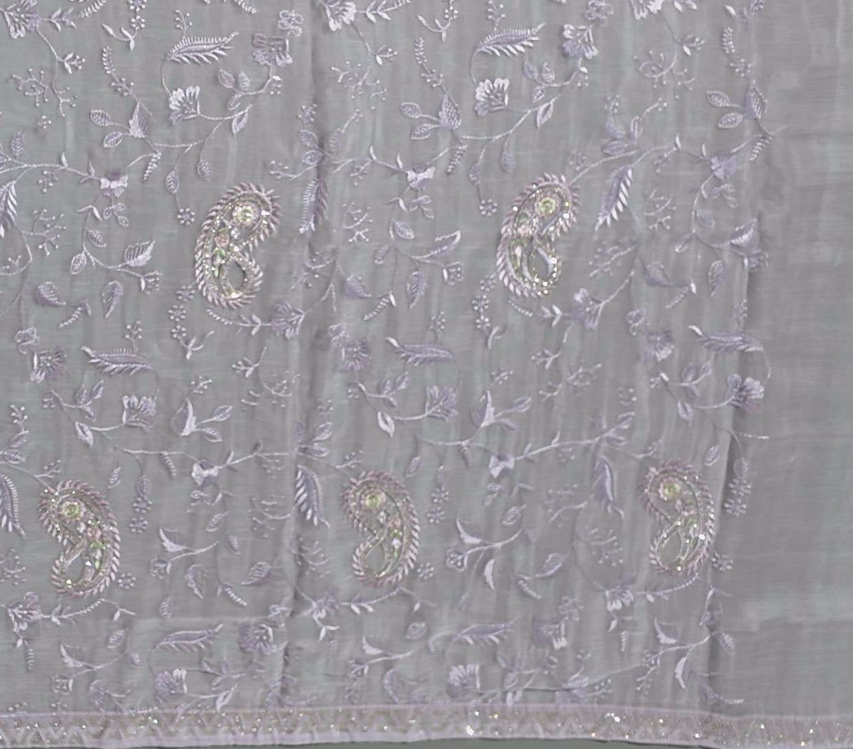Pastel Lavender Dream: Floral Embroidered Saree",