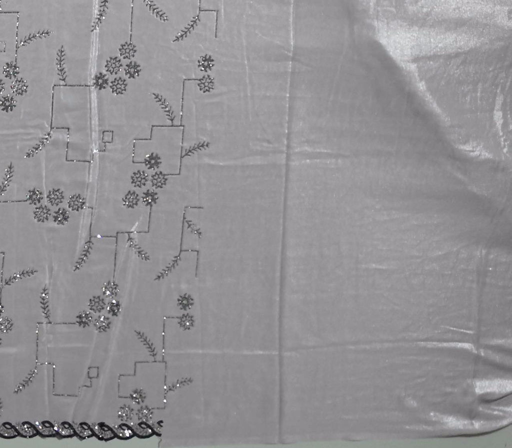 Silk Splendor: Charcoal Grey Geometric Embroidered Saree",