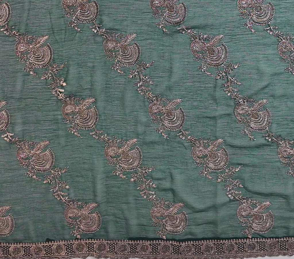 Luxurious Green Embroidered Saree with Peacock Motifs",
