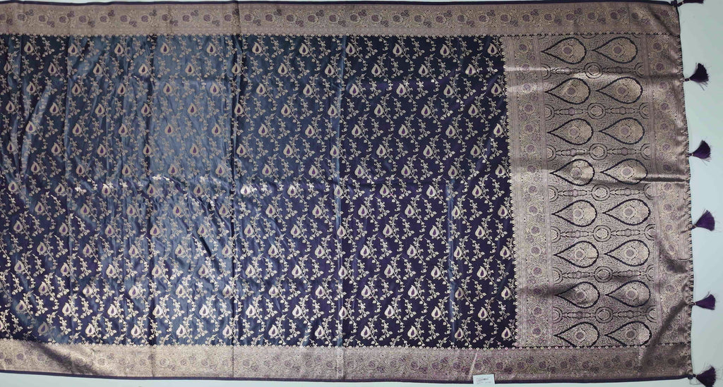 Regal Midnight Blue Saree with Intricate Gold Brocade",