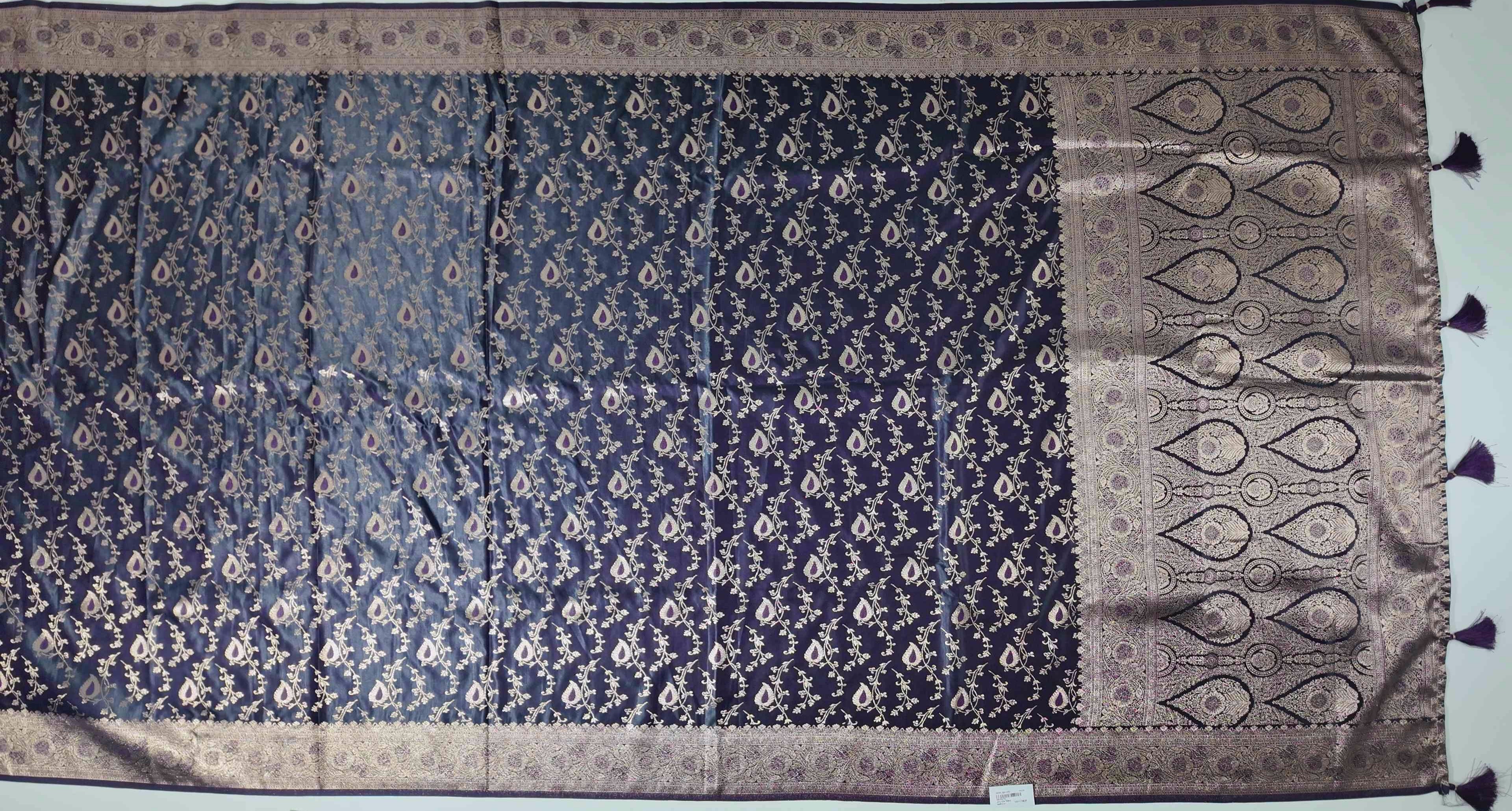 Regal Midnight Blue Saree with Intricate Gold Brocade",