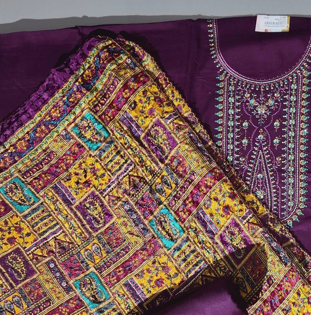 Regal Plum Unstitched Suit with Intricate Embroidery