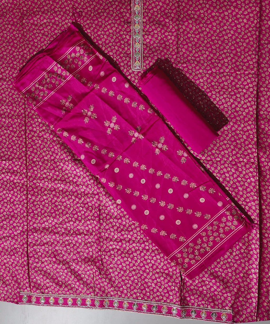 Vibrant Fuchsia Brocade Suit with Ornate Embroidery