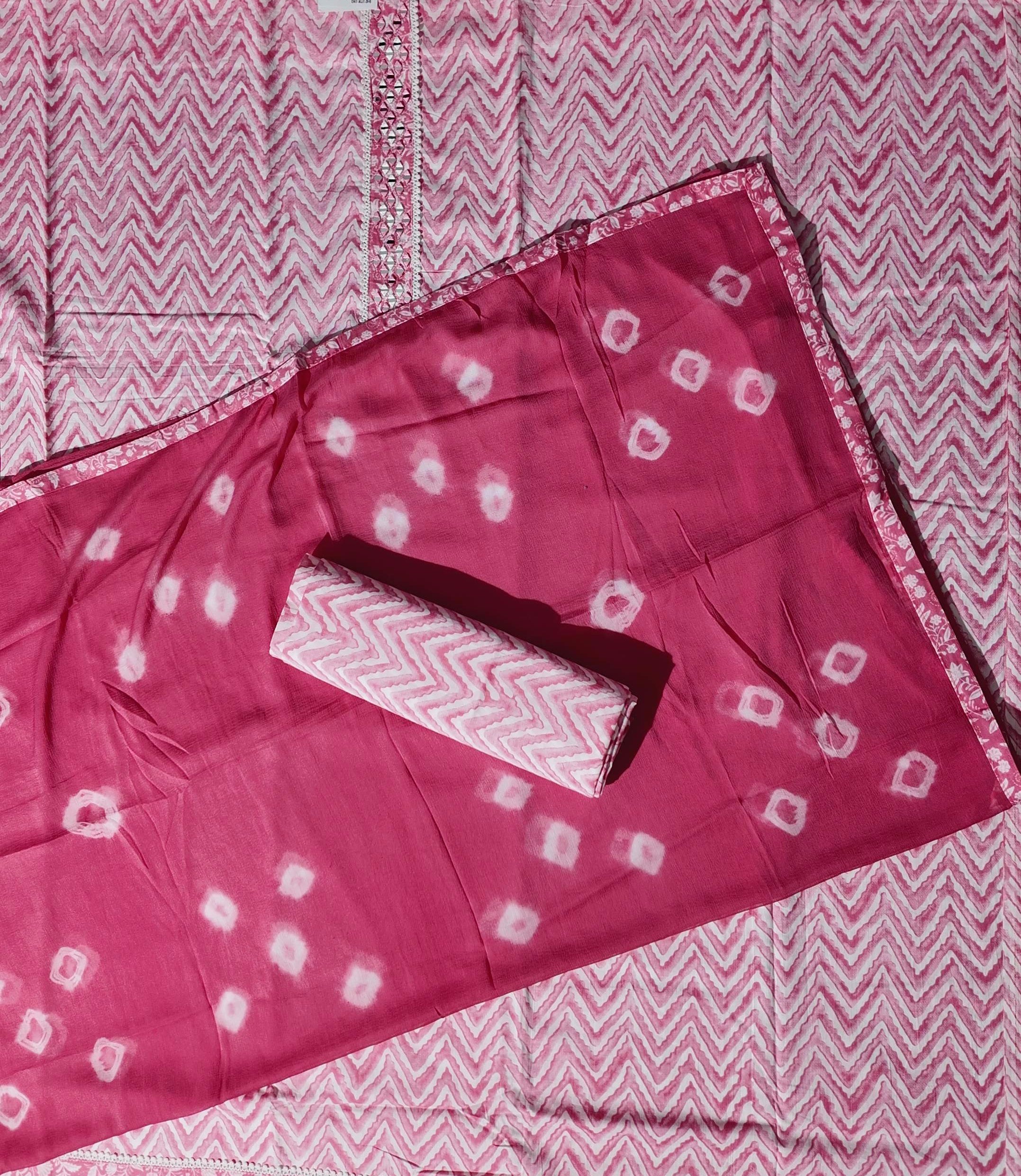 Zigzag Allure: Pink Chevron Unstitched Suit with Mirror Embellishments