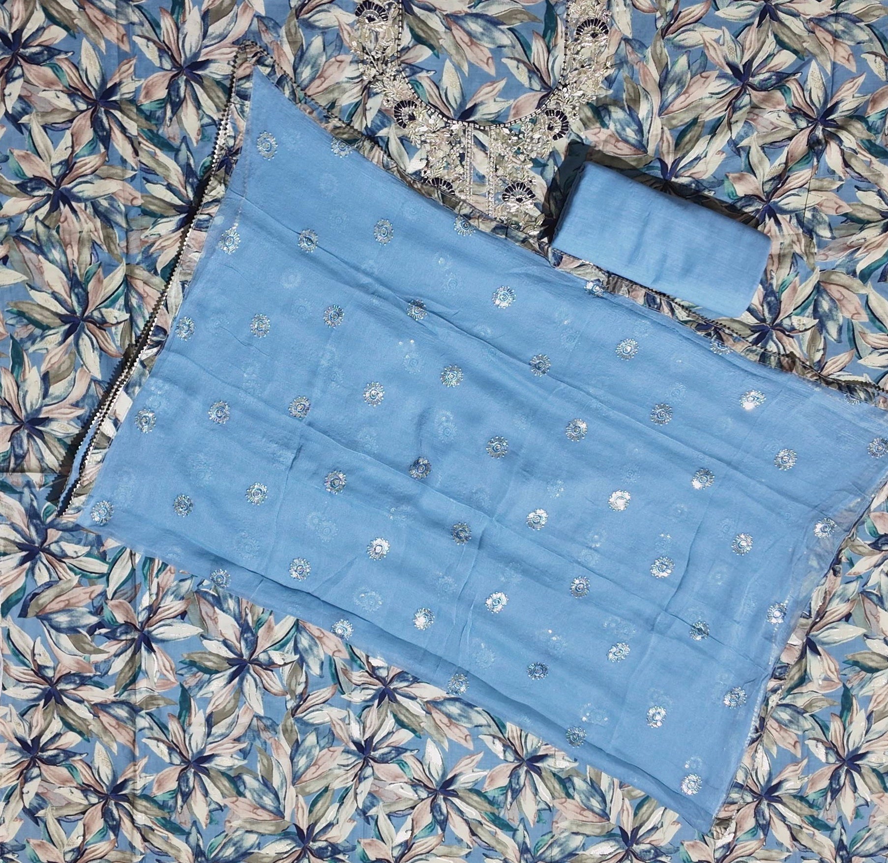 Floral Reverie: Artisanal Unstitched Suit with Intricate Embroidery",