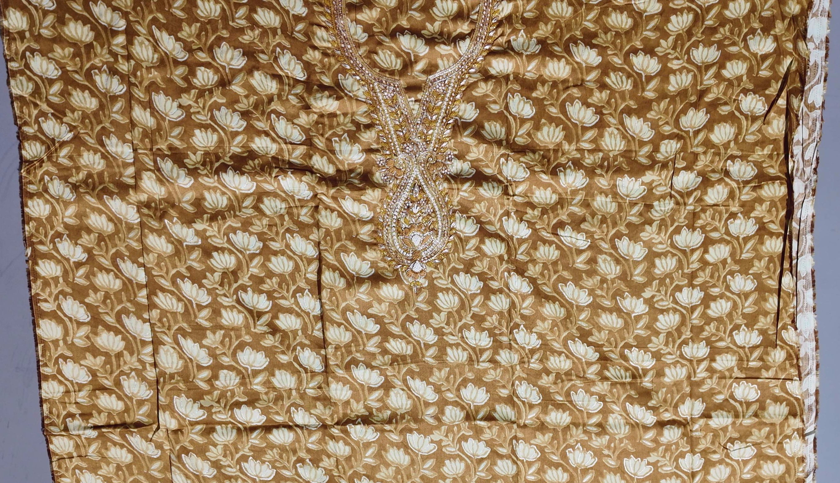 Golden Blossom Unstitched Suit: Embrace Elegant Embroidery",