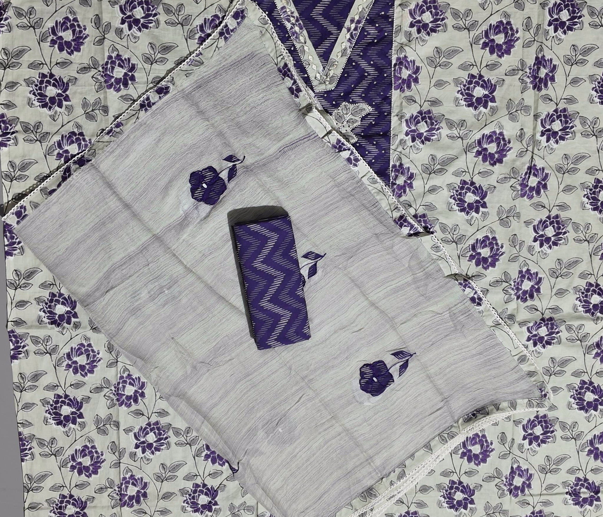 Chic Violet Waves: Unstitched Comfort Suit Set