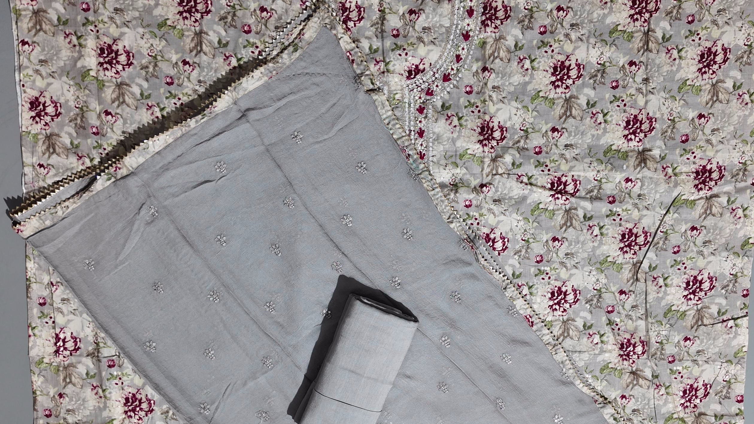 Charming Floral Unstitched Suit with Shimmer Detail",