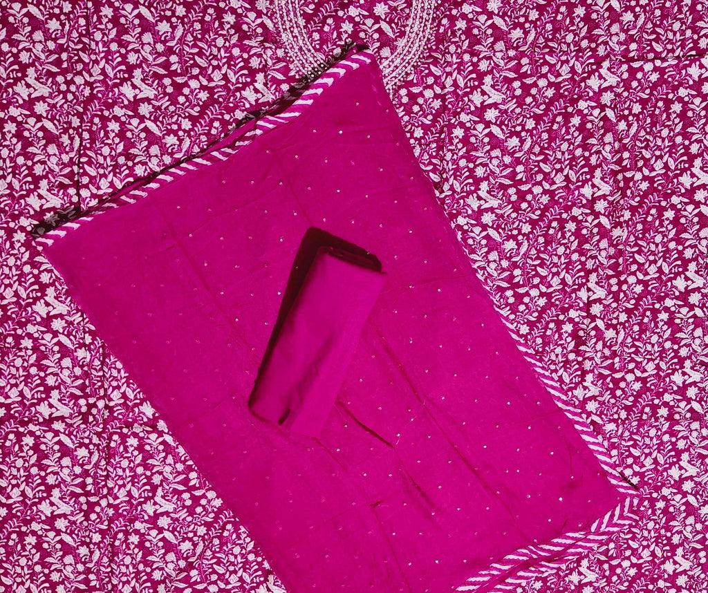 Vibrant Floral Fuchsia Unstitched Suit with Embellished Neckline