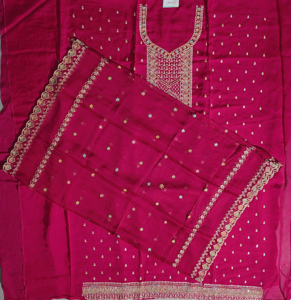 Vibrant Magenta Unstitched Suit with Intricate Embroidery