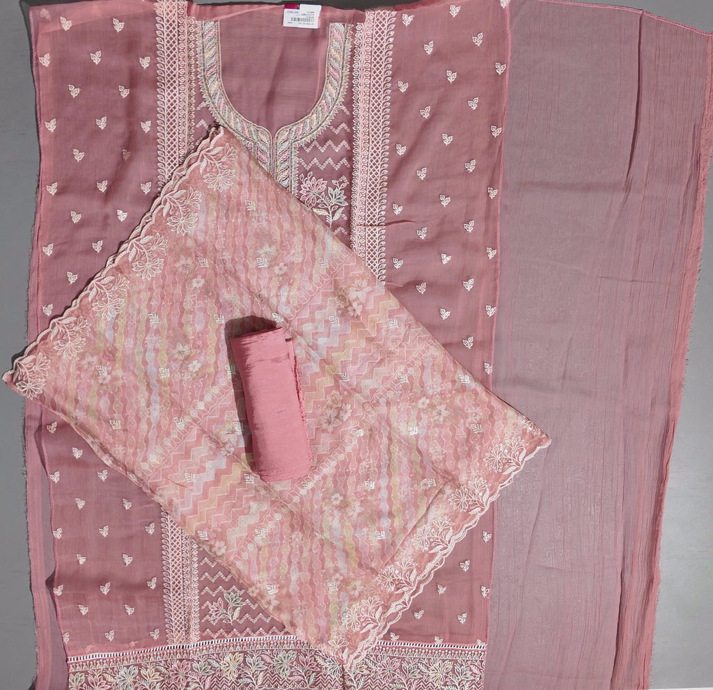 Blossom Delight: Unstitched Embroidered Suit in Coral Hues