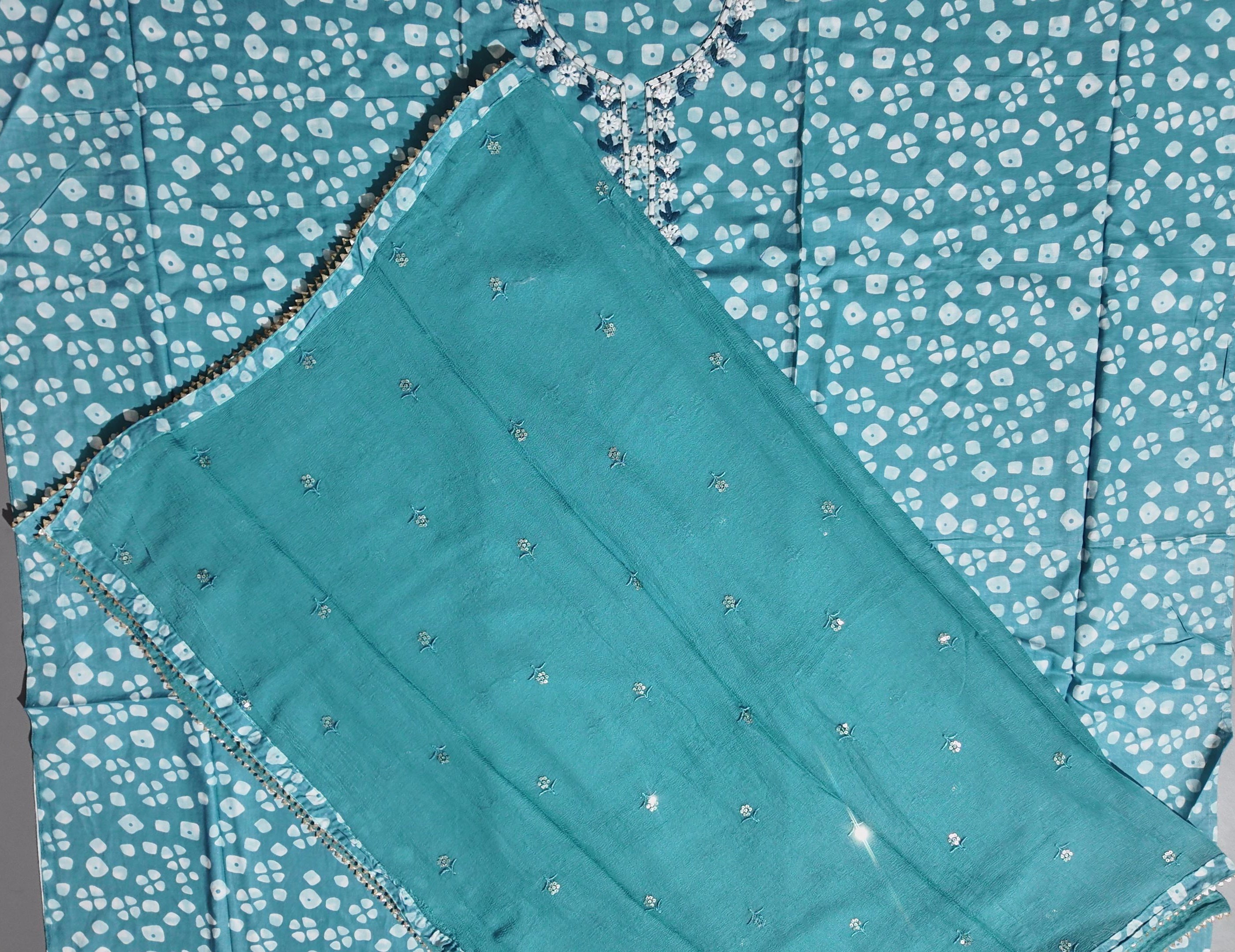 Charming Teal Unstitched Suit with Floral Embroidery