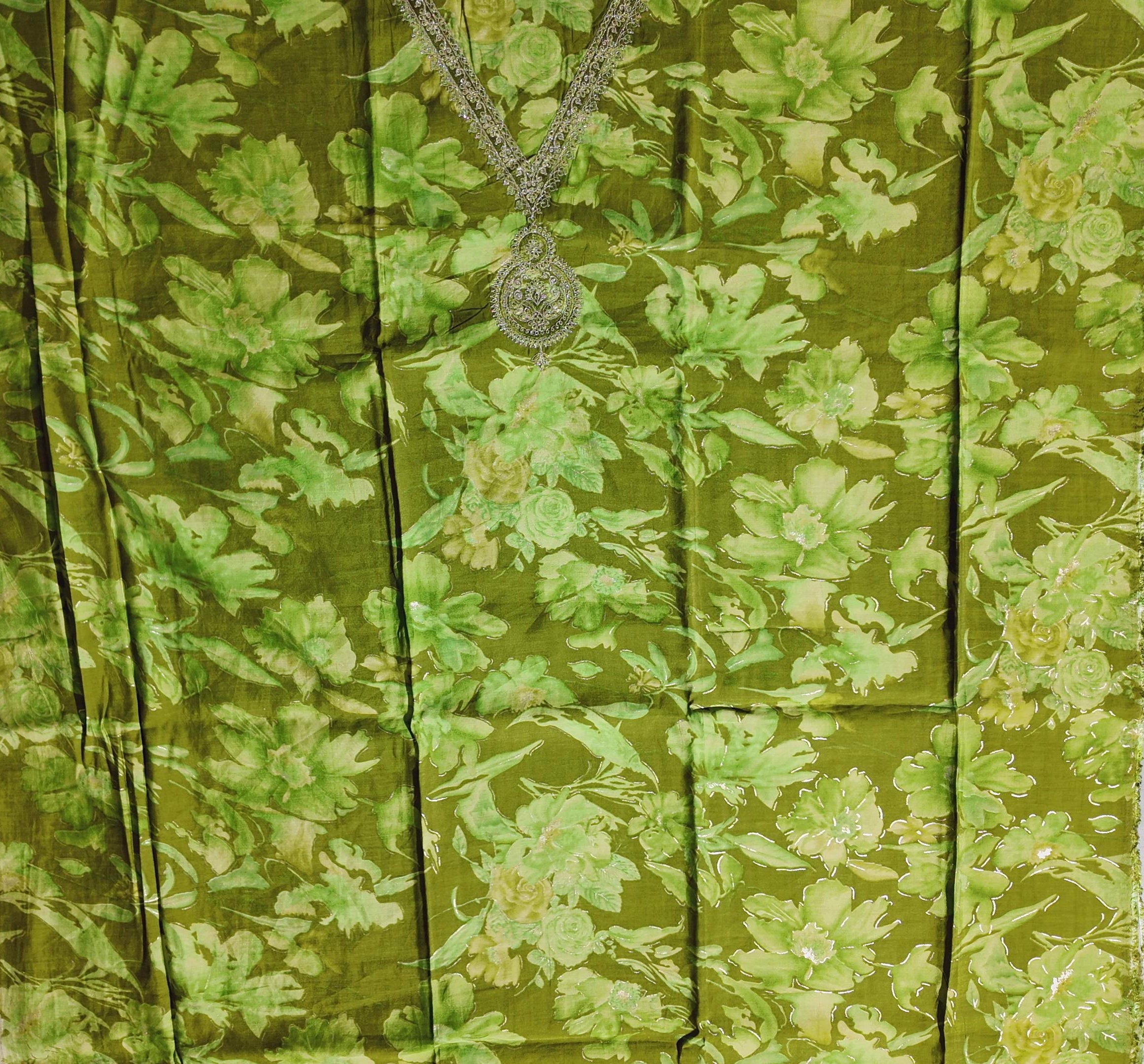 Floral Opulence: Luxurious Green Unstitched Suit Fabric",