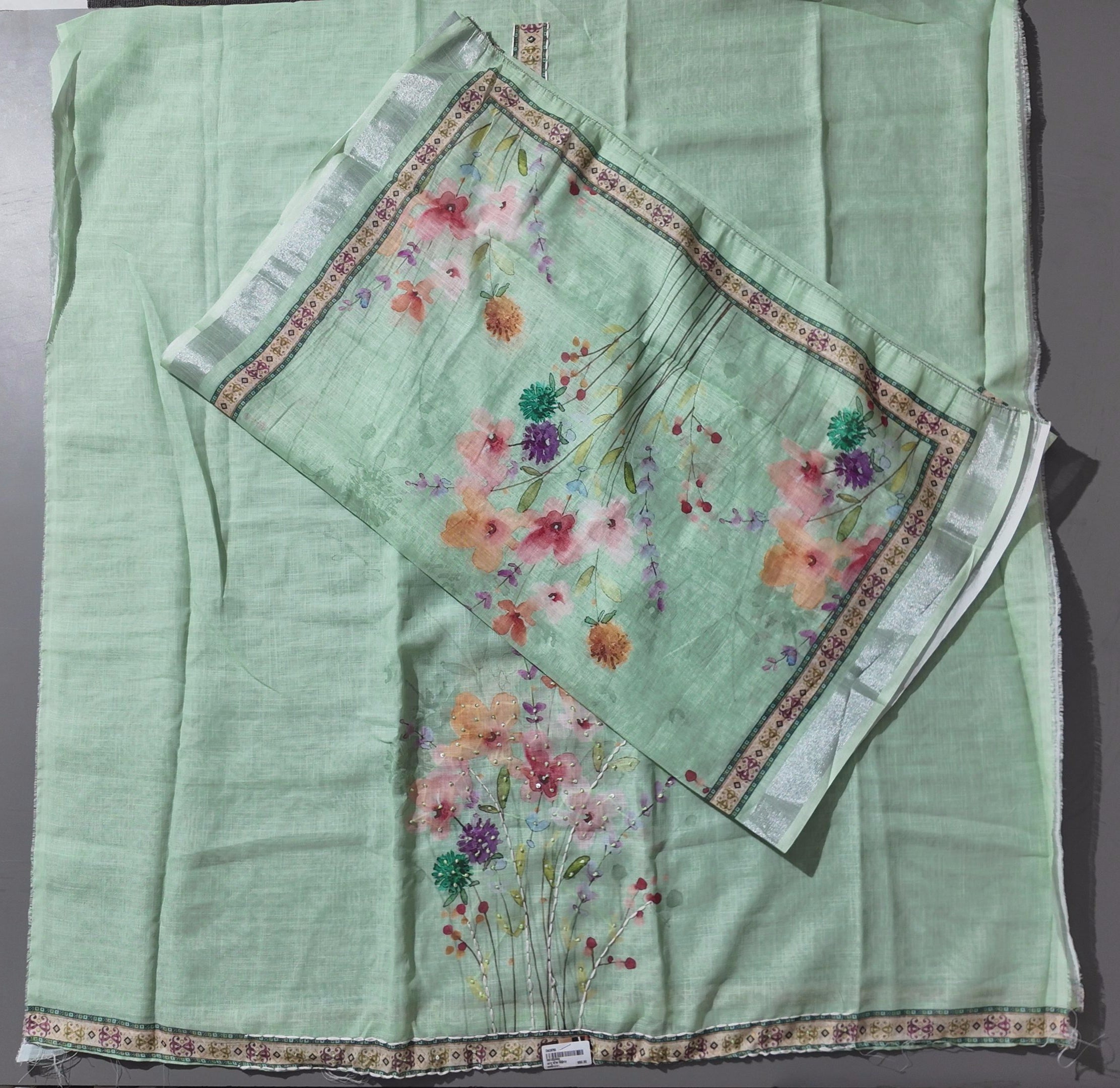 Floral Fantasy: Refreshing Mint Unstitched Suit Set",