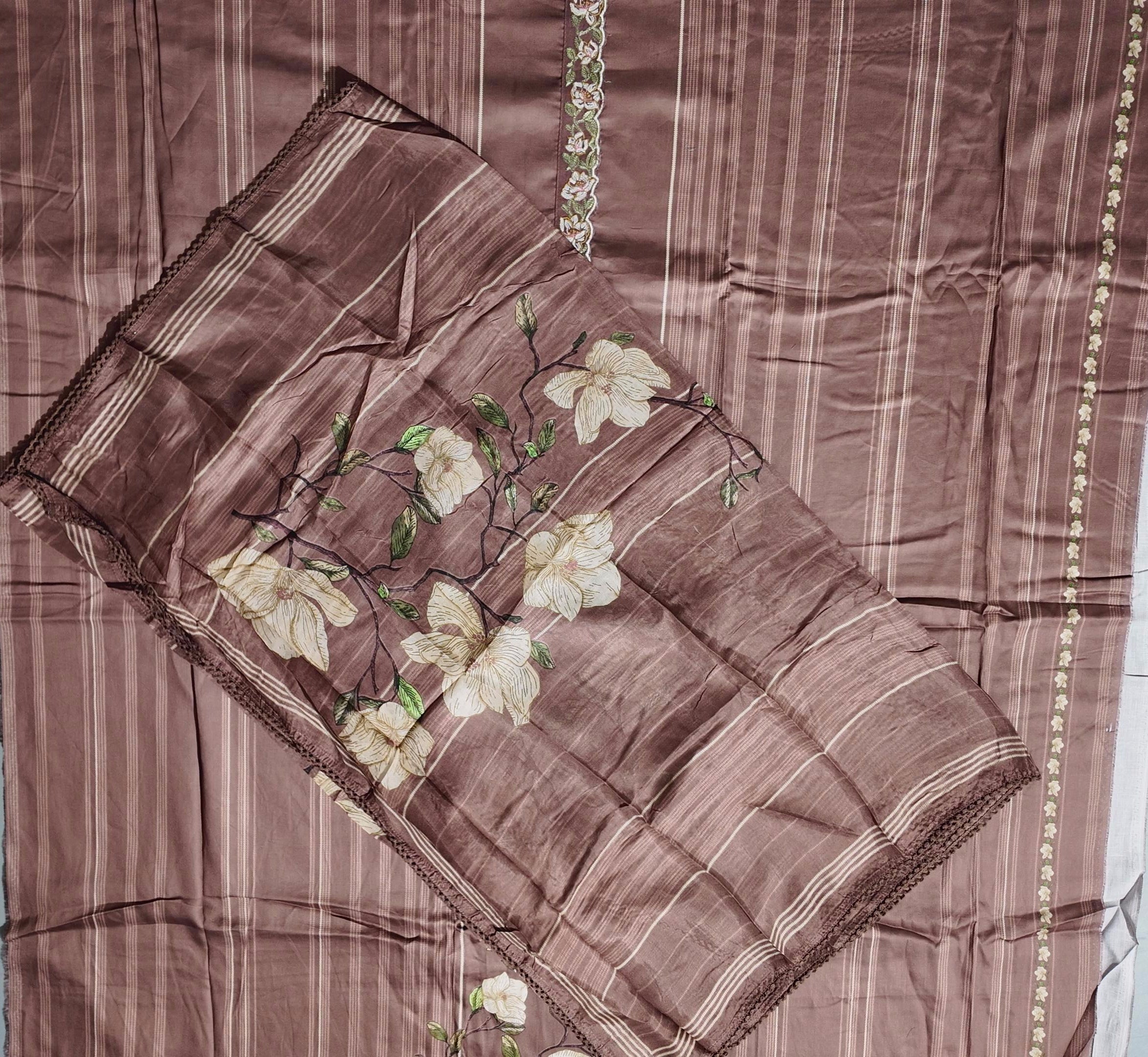 Charming Chocolate Unstitched Suit with Floral Embroidery",
