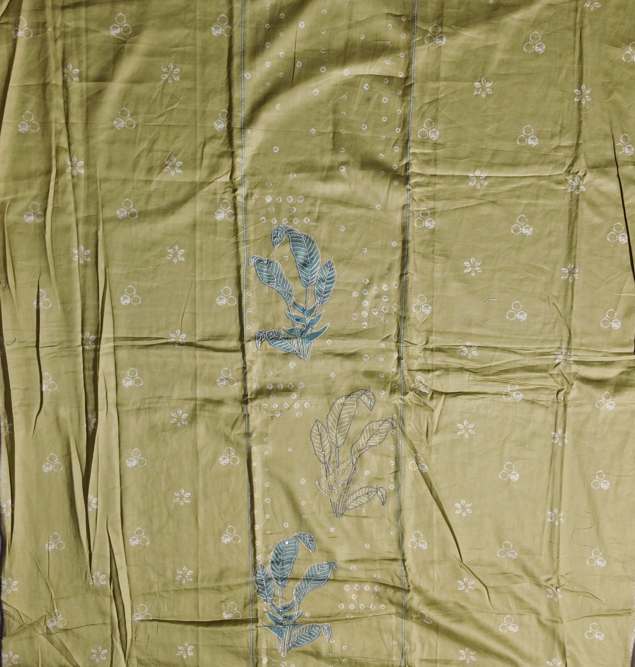 Serene Sage Unstitched Attire with Artful Leaf Embroidery",