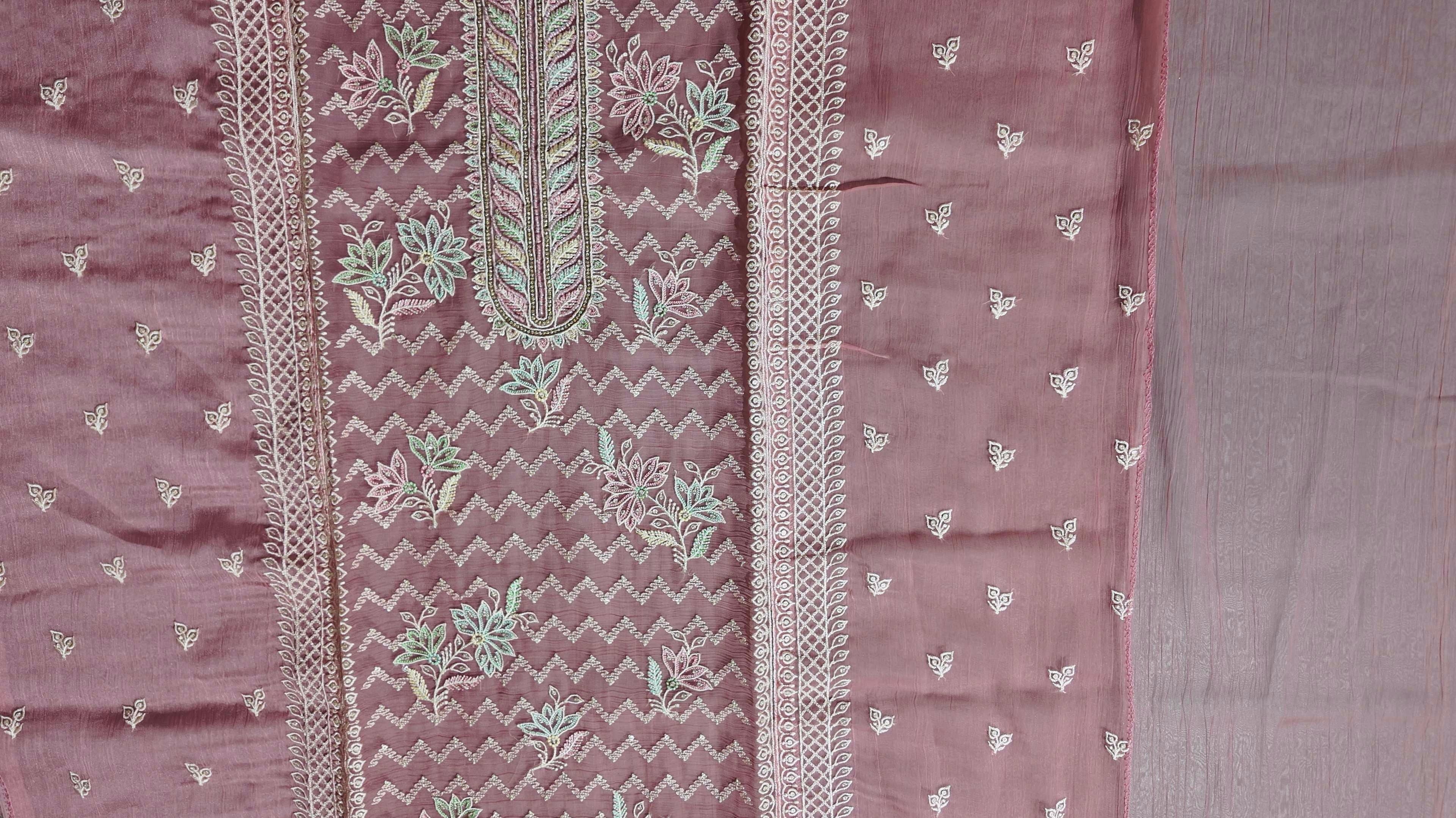 Chic Coral Unstitched Suit: Intricate Embroidery & Luxurious Texture