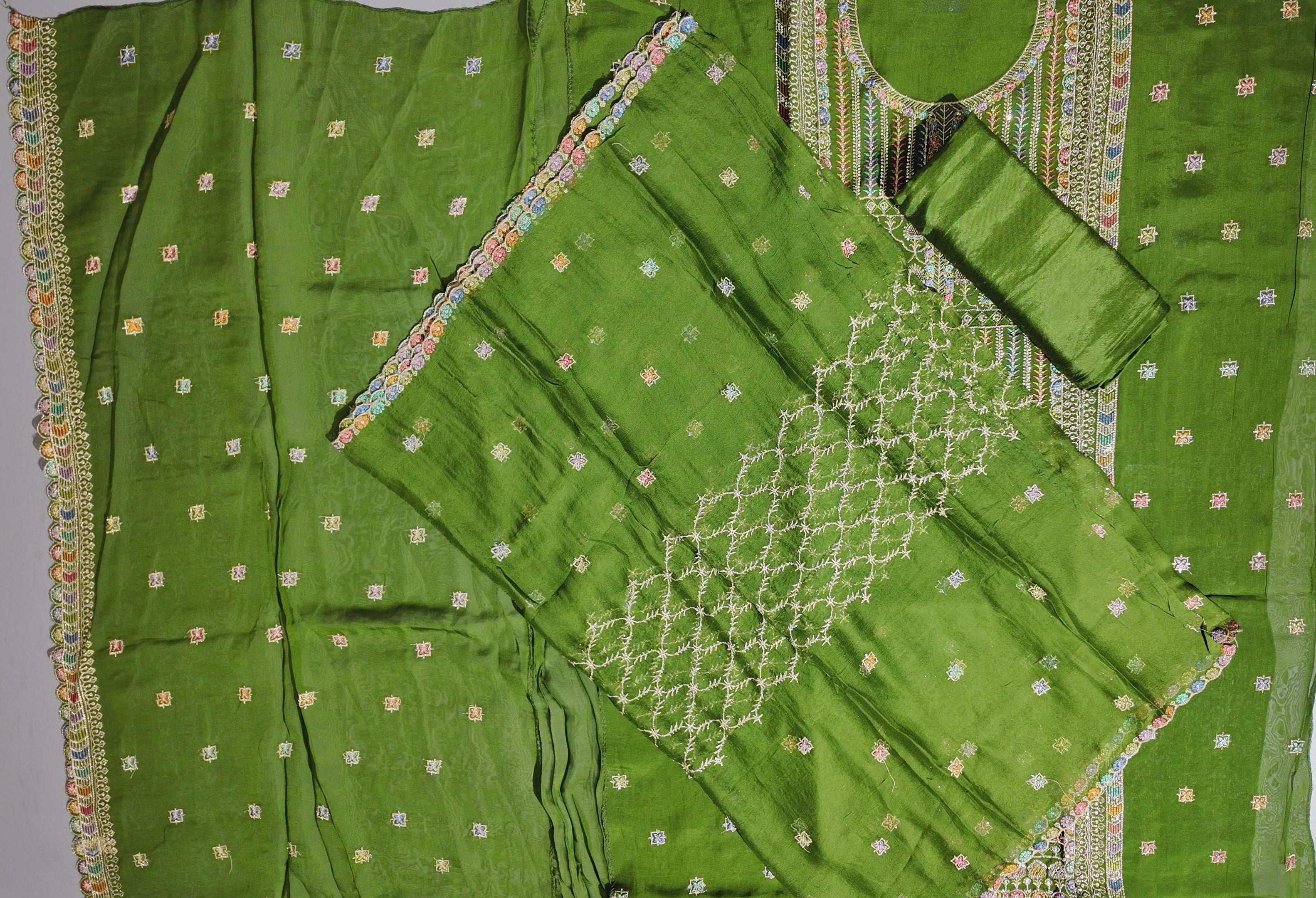 Verdant Elegance: Handcrafted Floral Unstitched Suit Set",