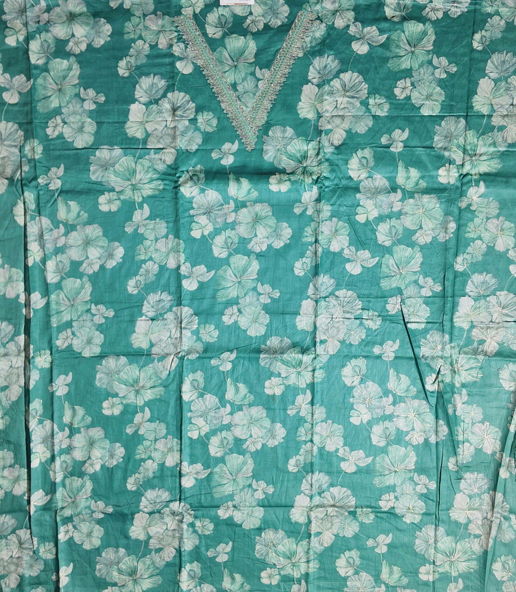 Serene Aqua Blossoms: Unstitched Suit with Intricate Lace