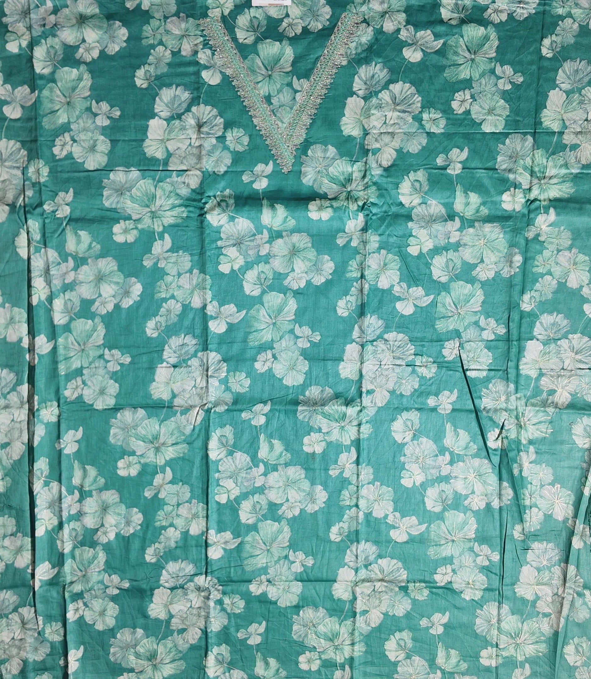 Serene Aqua Blossoms: Unstitched Suit with Intricate Lace
