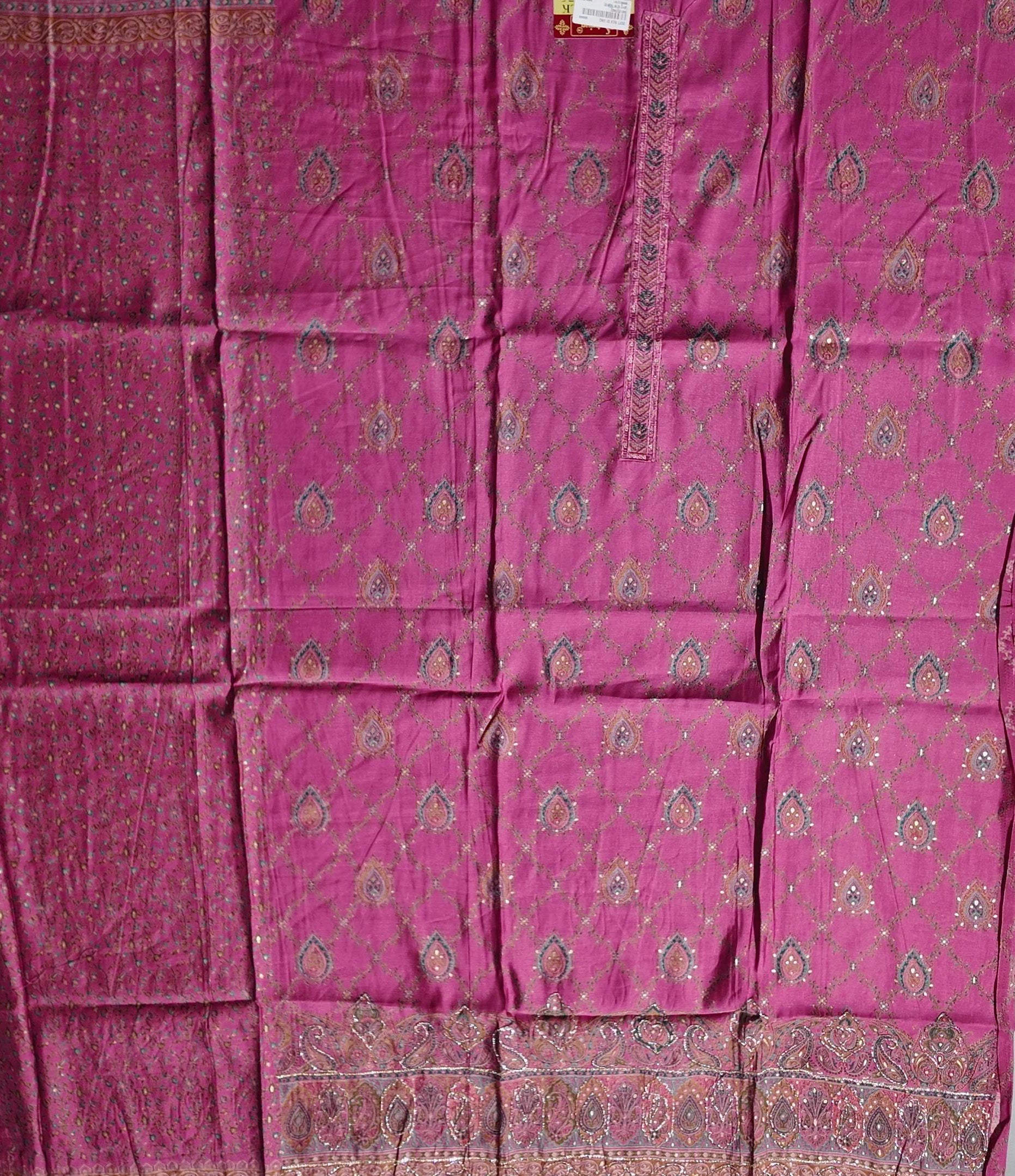 Ornate Fuchsia Dream: Unstitched Silk Suit with Intricate Motifs",
