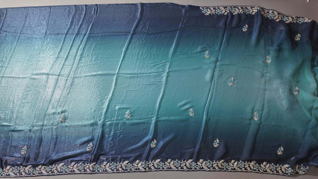 Midnight Indigo Unstitched Suit with Intricate Floral Embroidery",