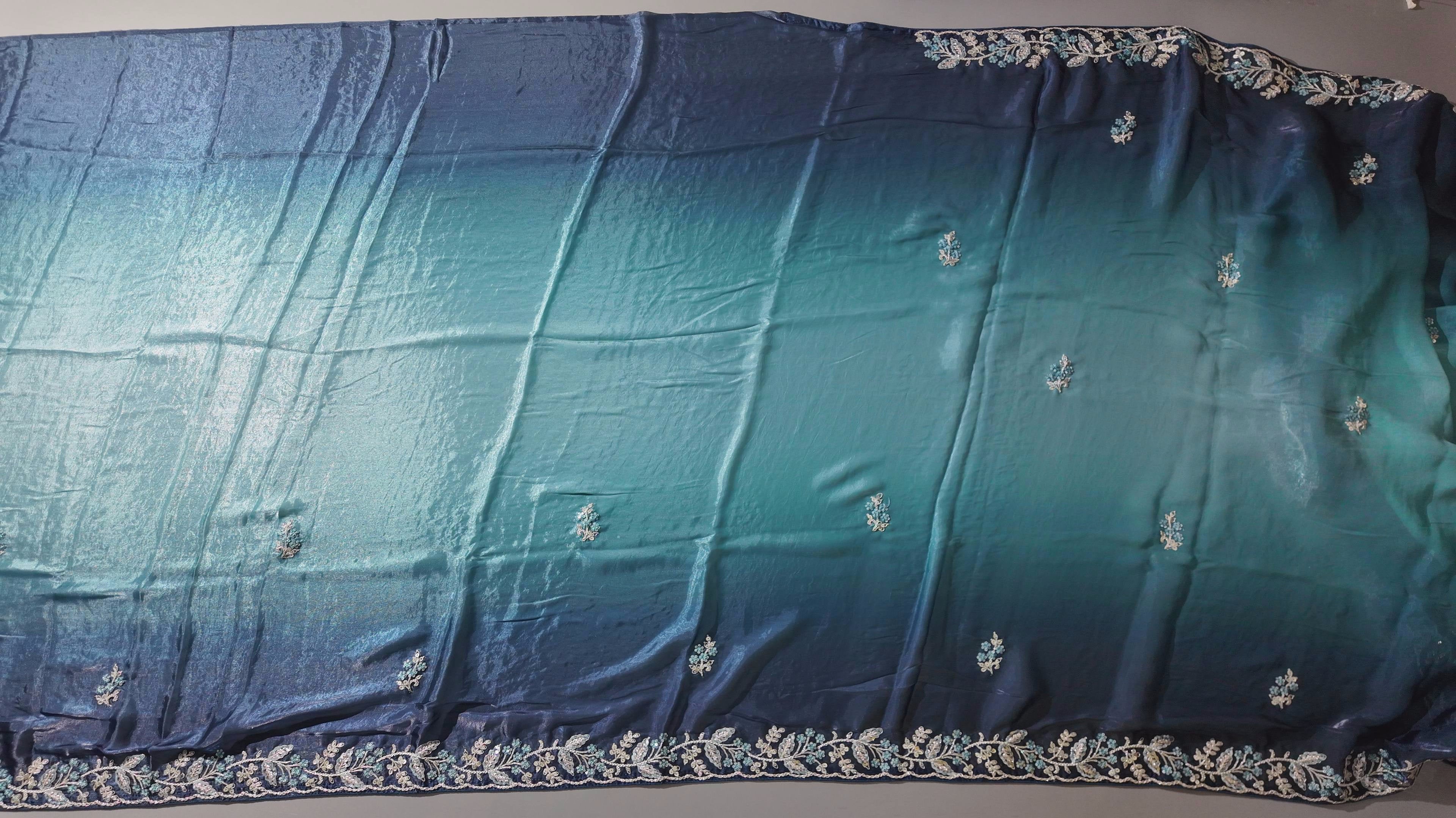 Midnight Indigo Unstitched Suit with Intricate Floral Embroidery",