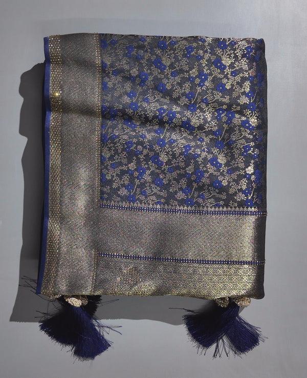 Mystic Midnight Blue Banarasi Saree with Gold Zari Accents",