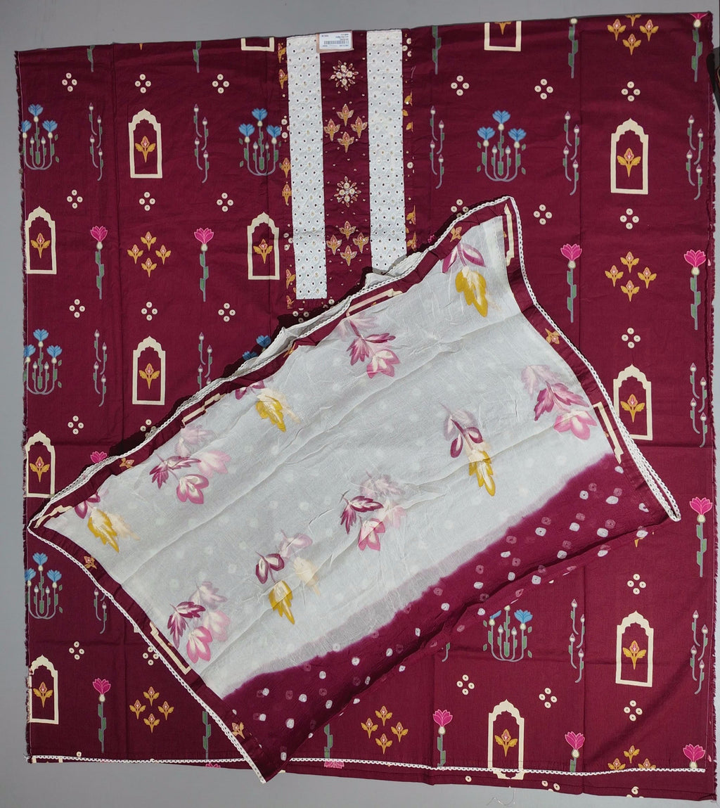 Regal Maroon & Ivory Unstitched Suit with Intricate Embroidery