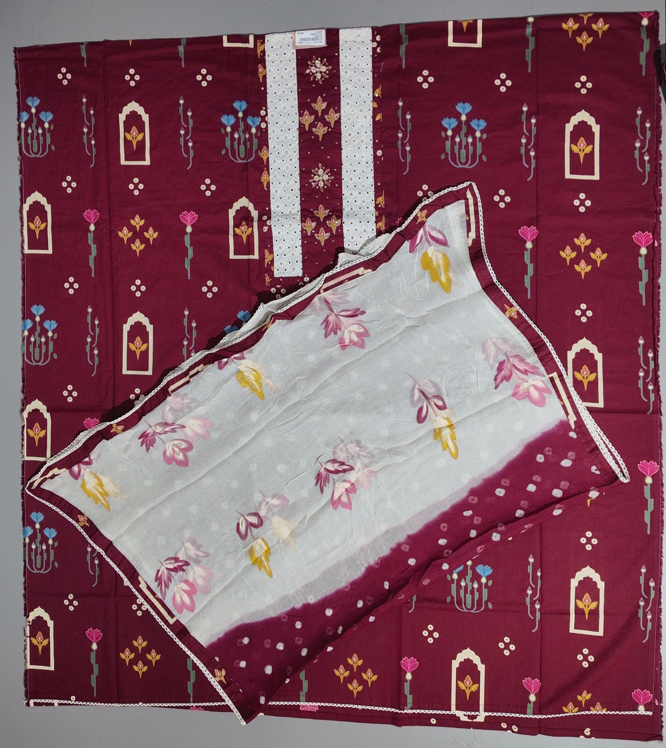 Regal Maroon & Ivory Unstitched Suit with Intricate Embroidery