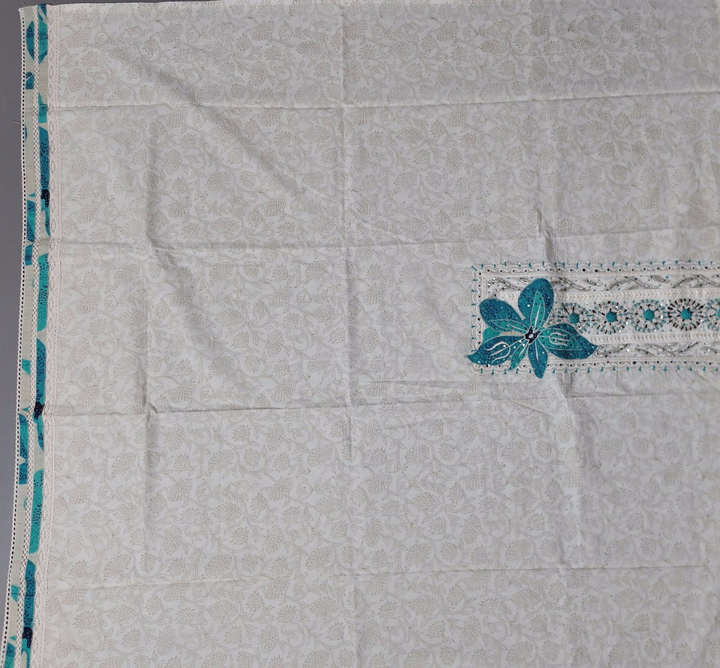 Chic Ivory & Turquoise Embroidered Unstitched Suit