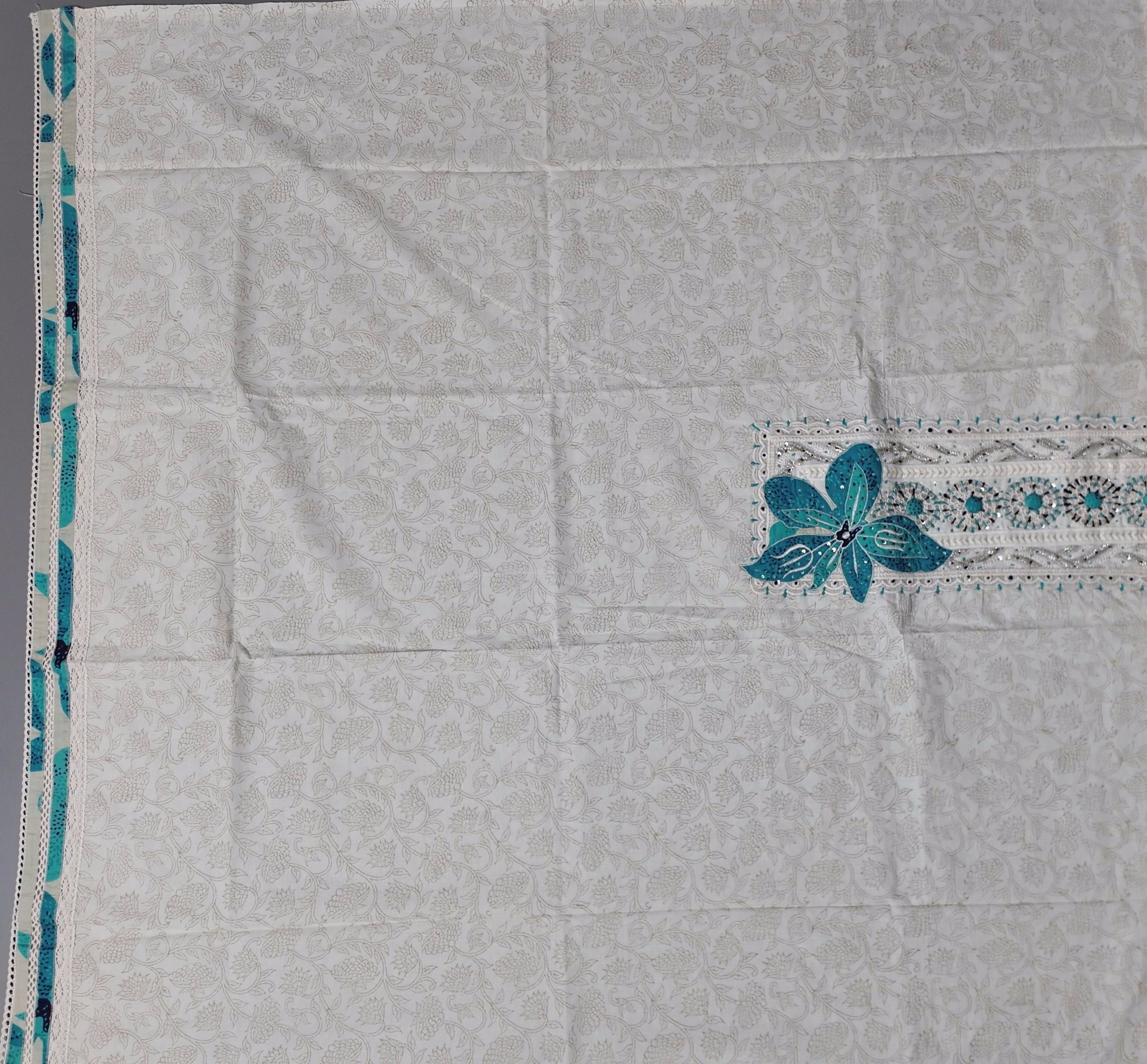 Chic Ivory & Turquoise Embroidered Unstitched Suit