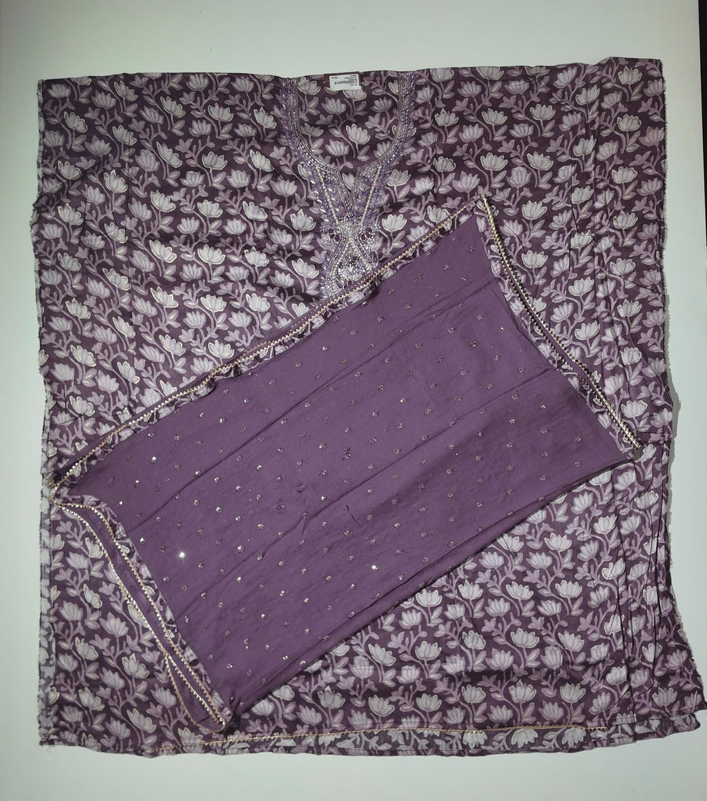 Lavender Blossom Charm: Embroidered Unstitched Suit Delight