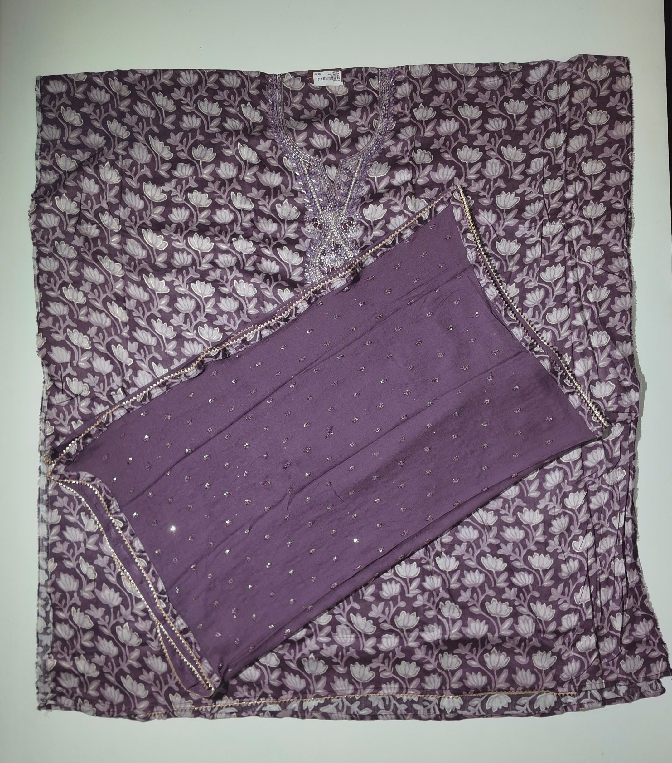 Lavender Blossom Charm: Embroidered Unstitched Suit Delight