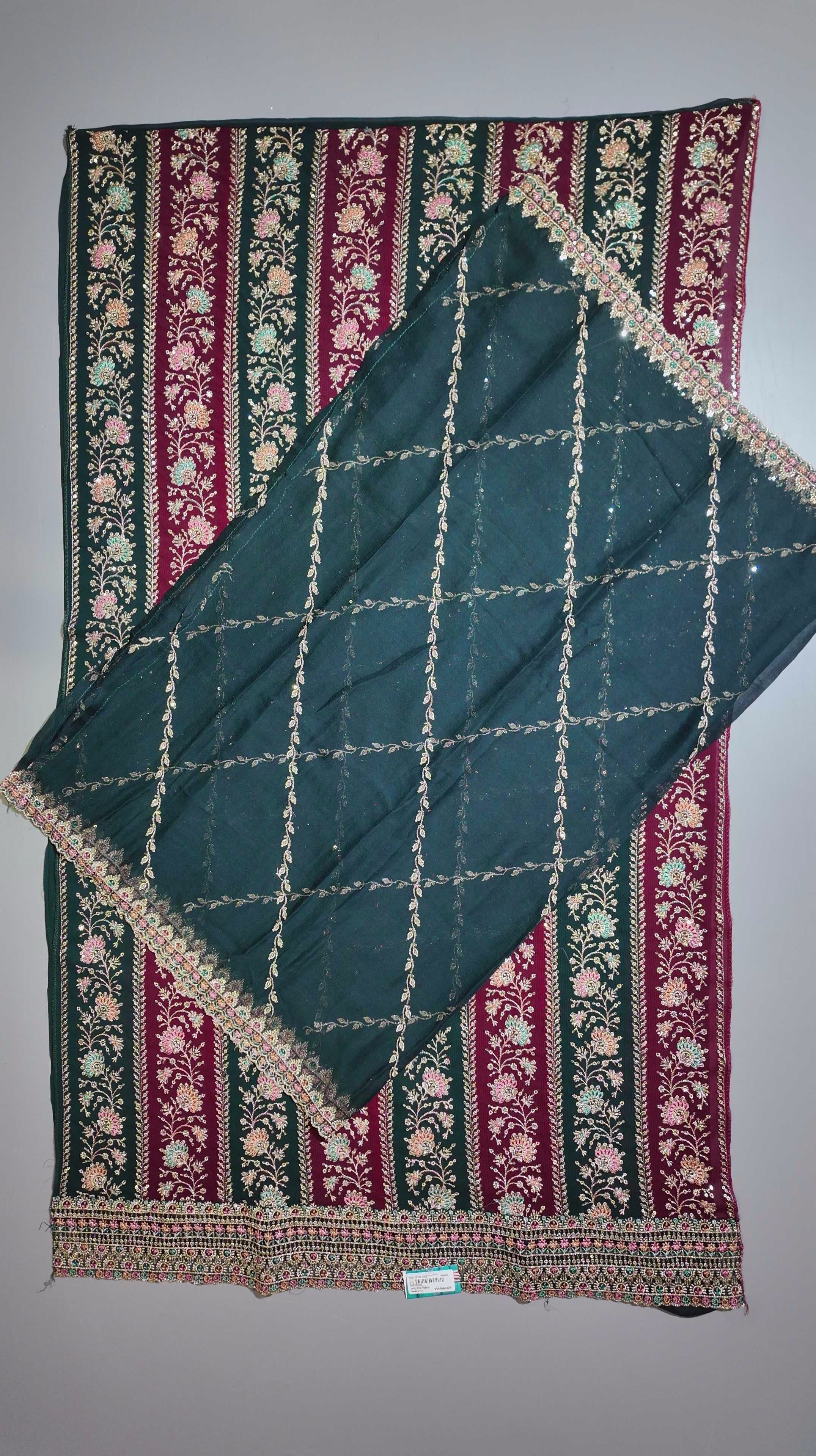Rich Maroon & Green Floral Tapestry Unstitched Suit",