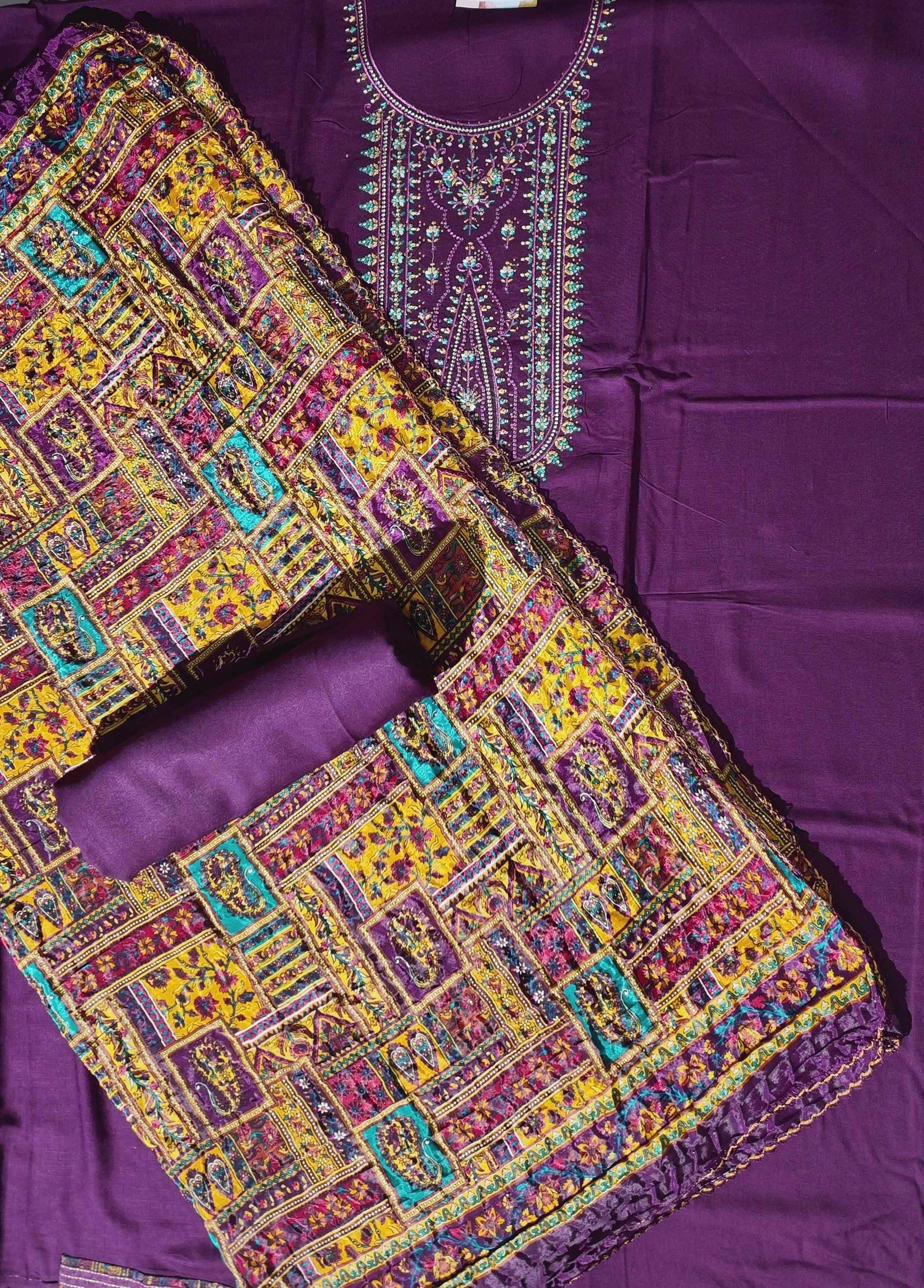 Regal Plum Unstitched Suit with Intricate Embroidery