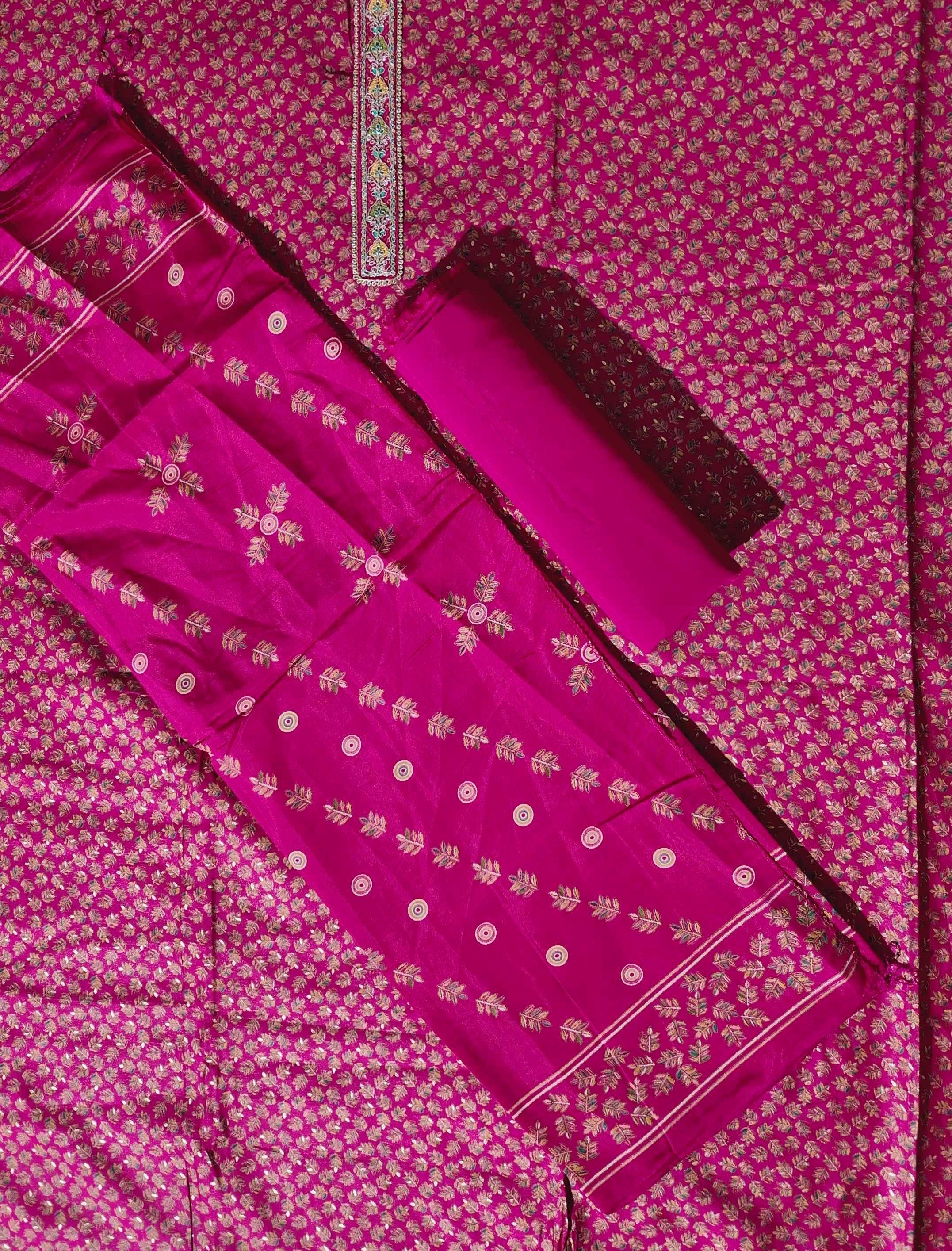 Vibrant Fuchsia Brocade Suit with Ornate Embroidery