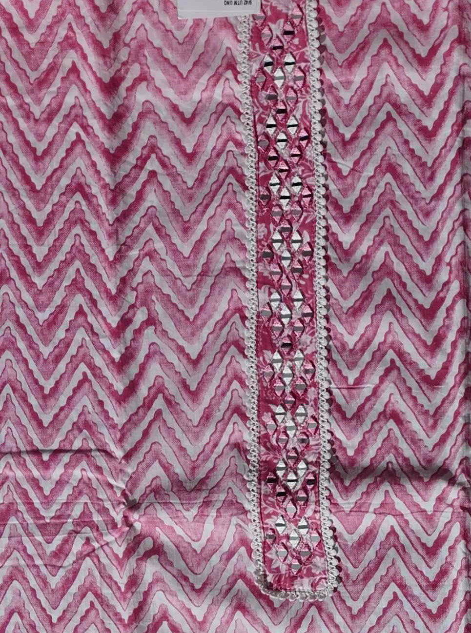 Zigzag Allure: Pink Chevron Unstitched Suit with Mirror Embellishments