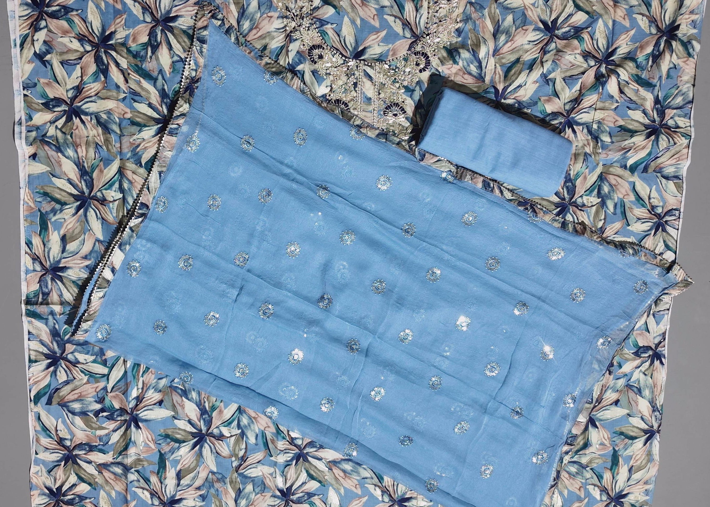 Floral Reverie: Artisanal Unstitched Suit with Intricate Embroidery",