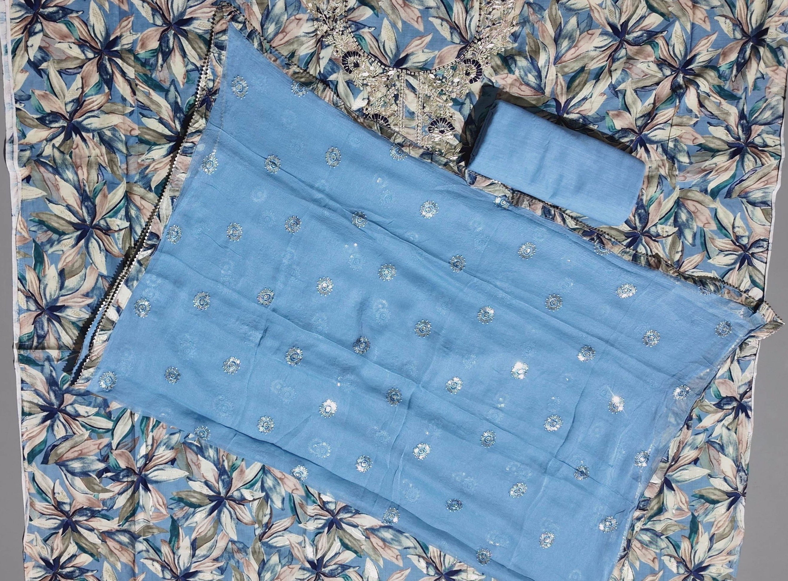 Floral Symphony: Artisanal Unstitched Suit for Festive Celebrations",