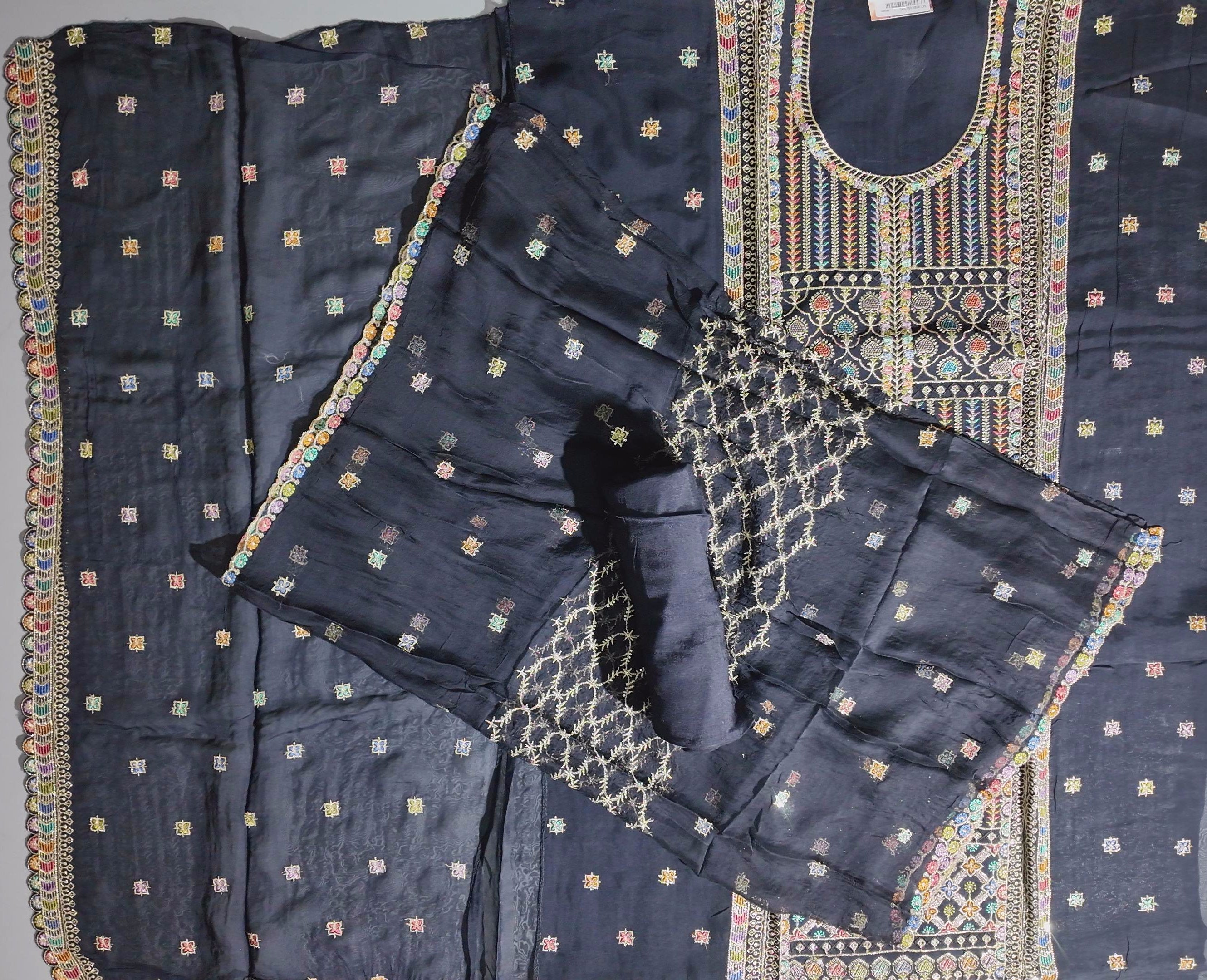 Vivid Midnight Garden Unstitched Suit - Artisanal Elegance",