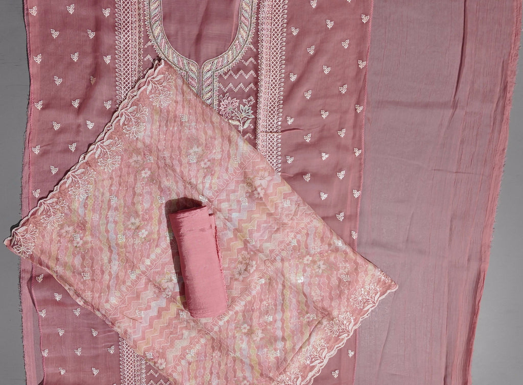 Blossom Delight: Unstitched Embroidered Suit in Coral Hues
