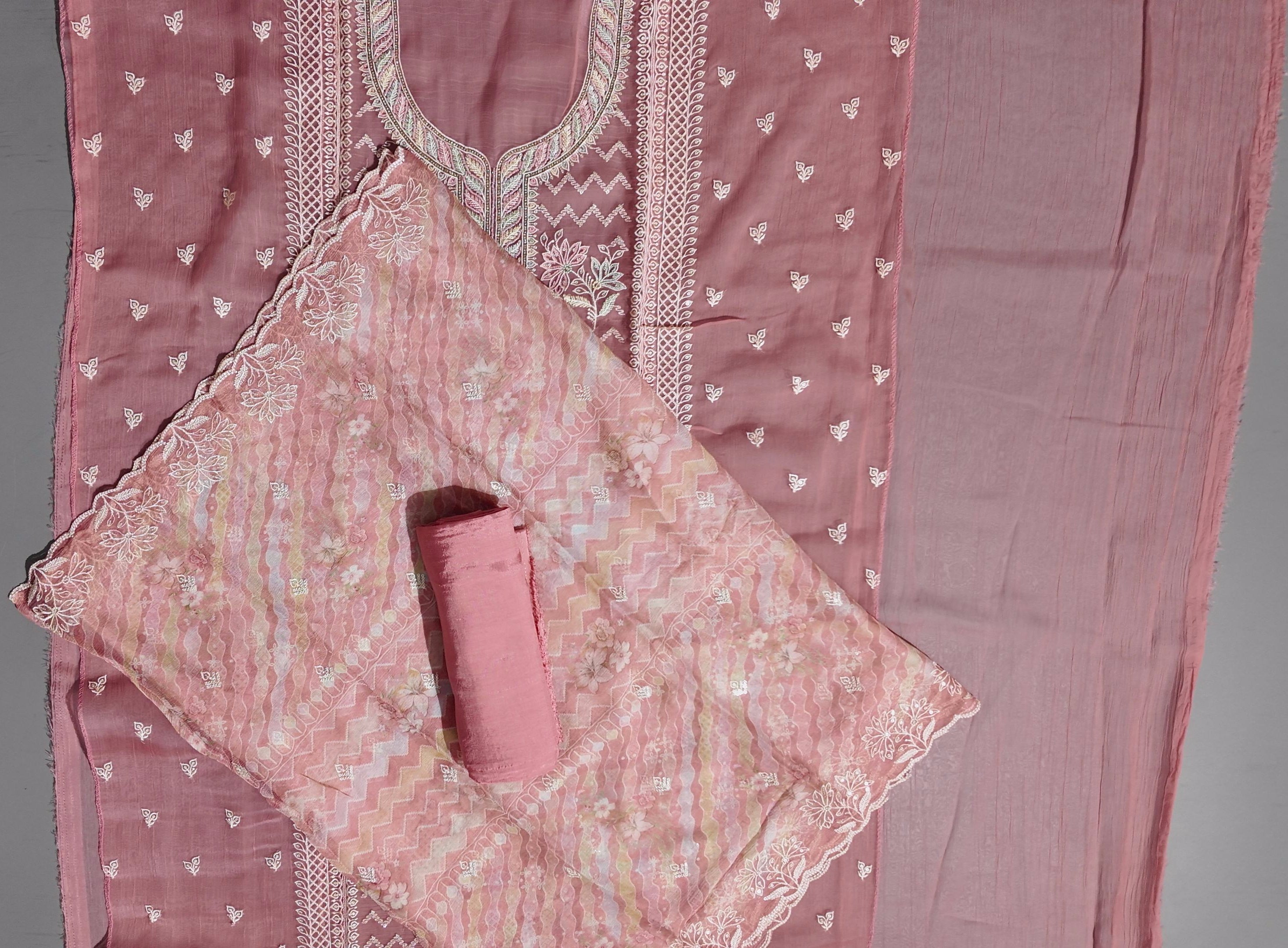 Blossom Delight: Unstitched Embroidered Suit in Coral Hues",