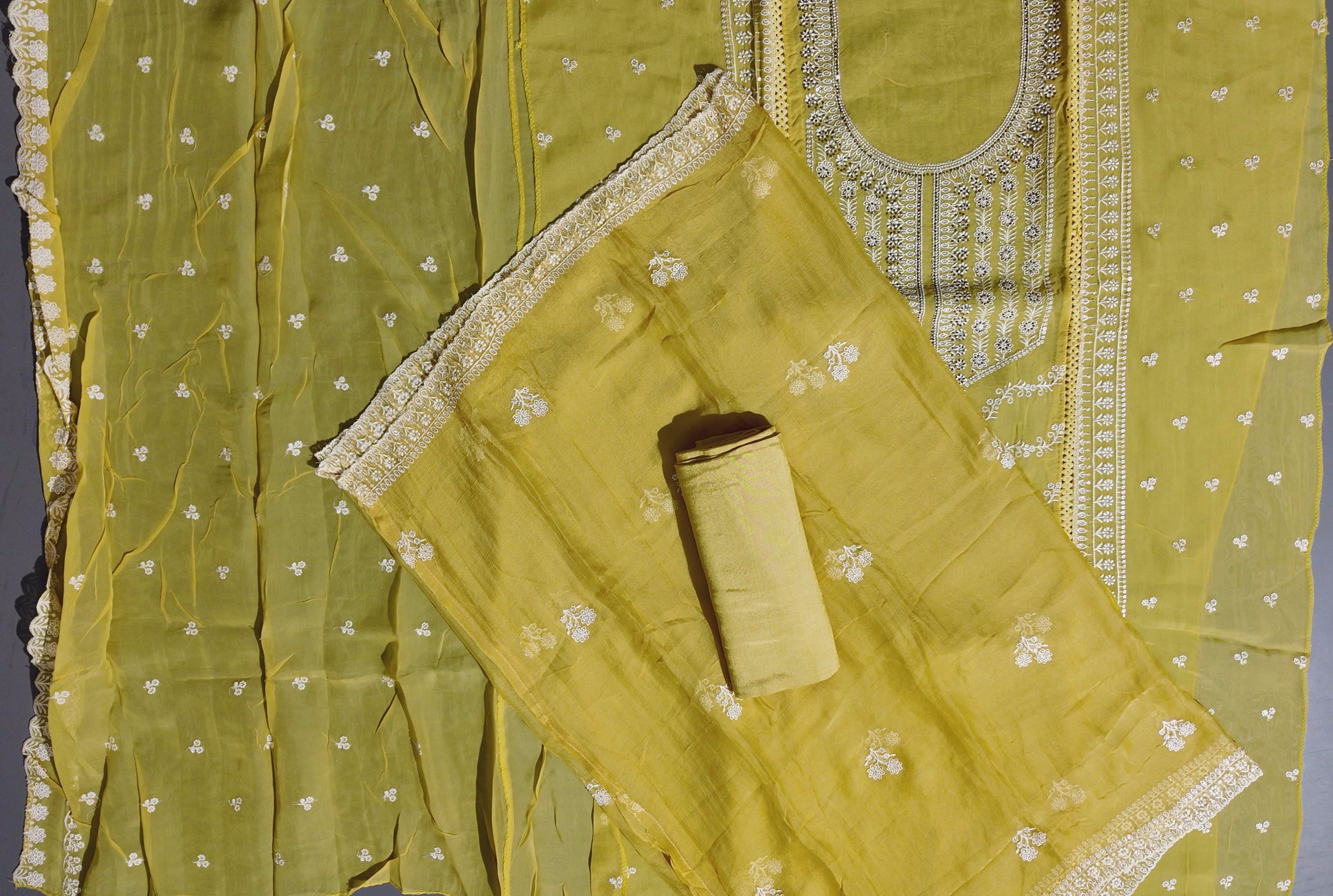 Sunlit Blossom: Artisanal Embroidered Unstitched Suit",